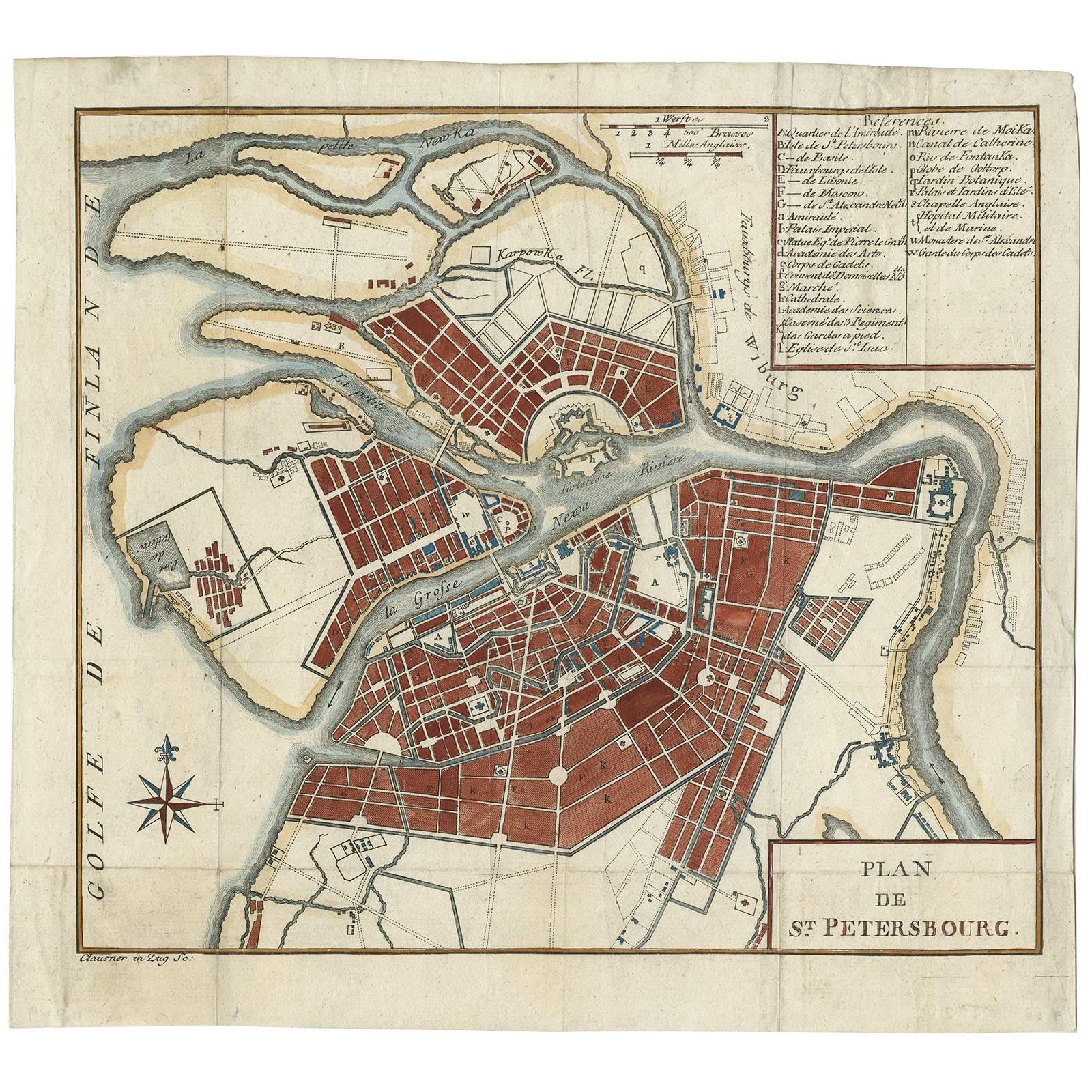 Antique Town Plan of St. Petersburg 'Russia' by J.J. Clausner, circa 1785