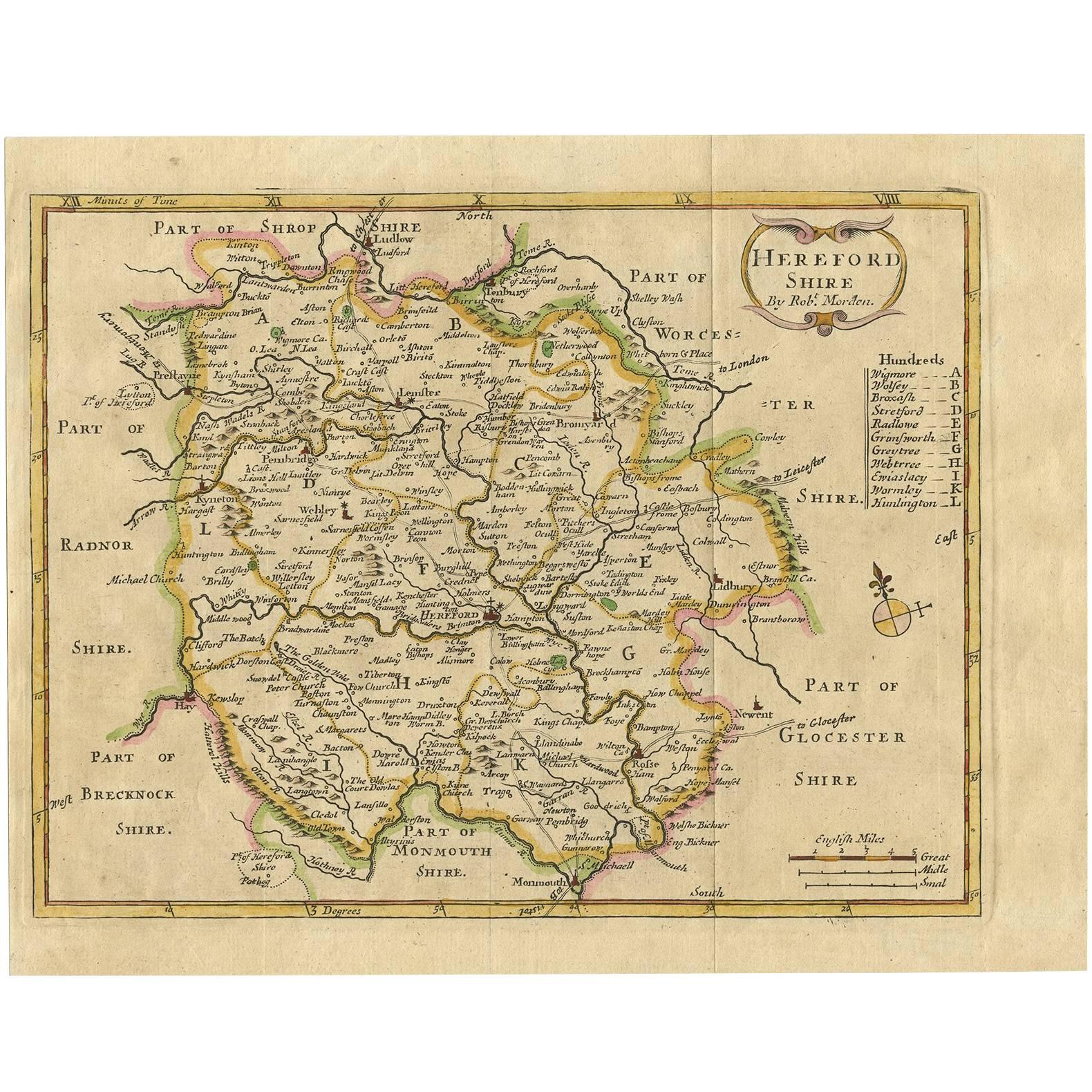 Antique Map of Herefordshire 'England' by R. Morden, 1708 For Sale