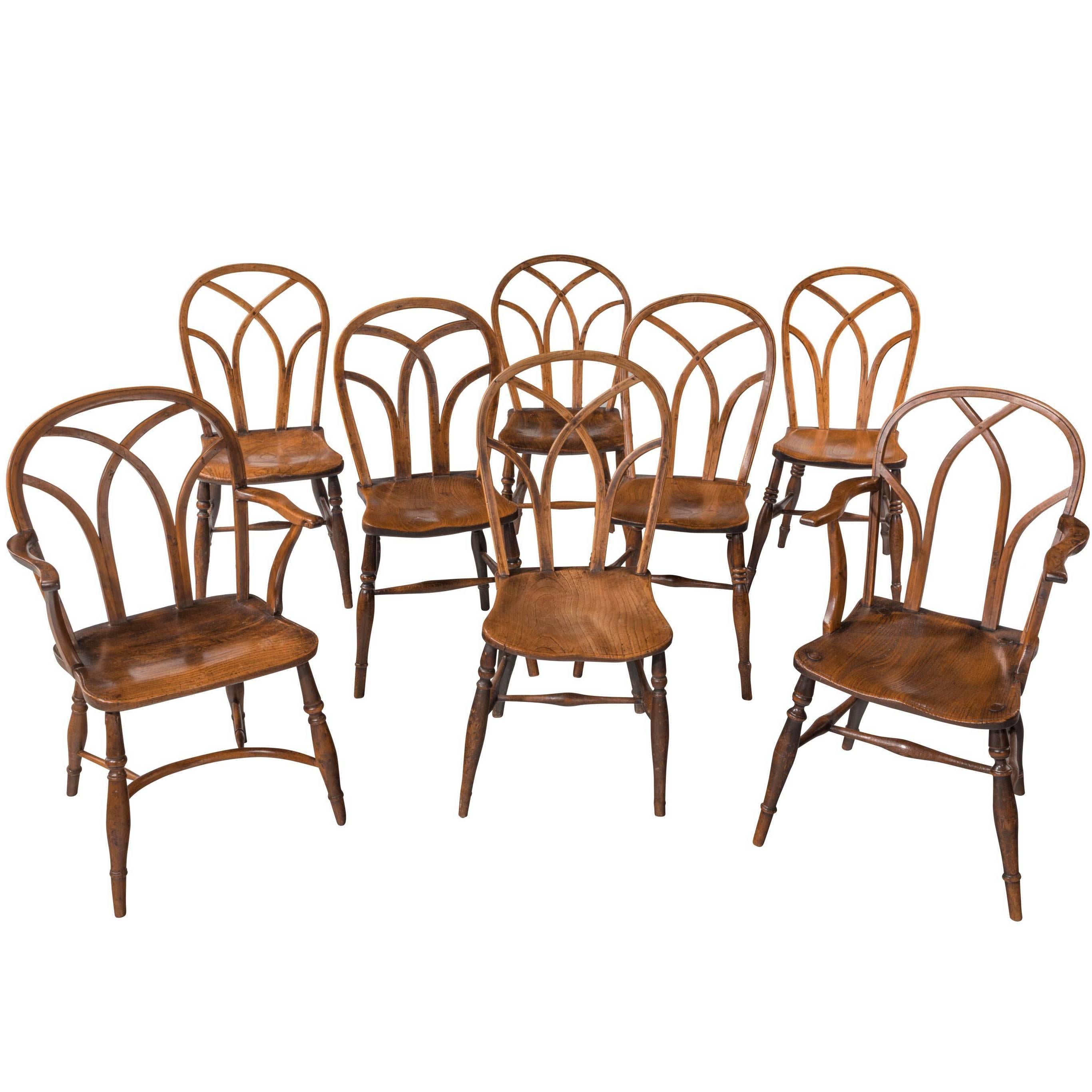 Set of Eight 'Six Plus Two' Ash, Elm and Beech Gothic Windsor Chairs