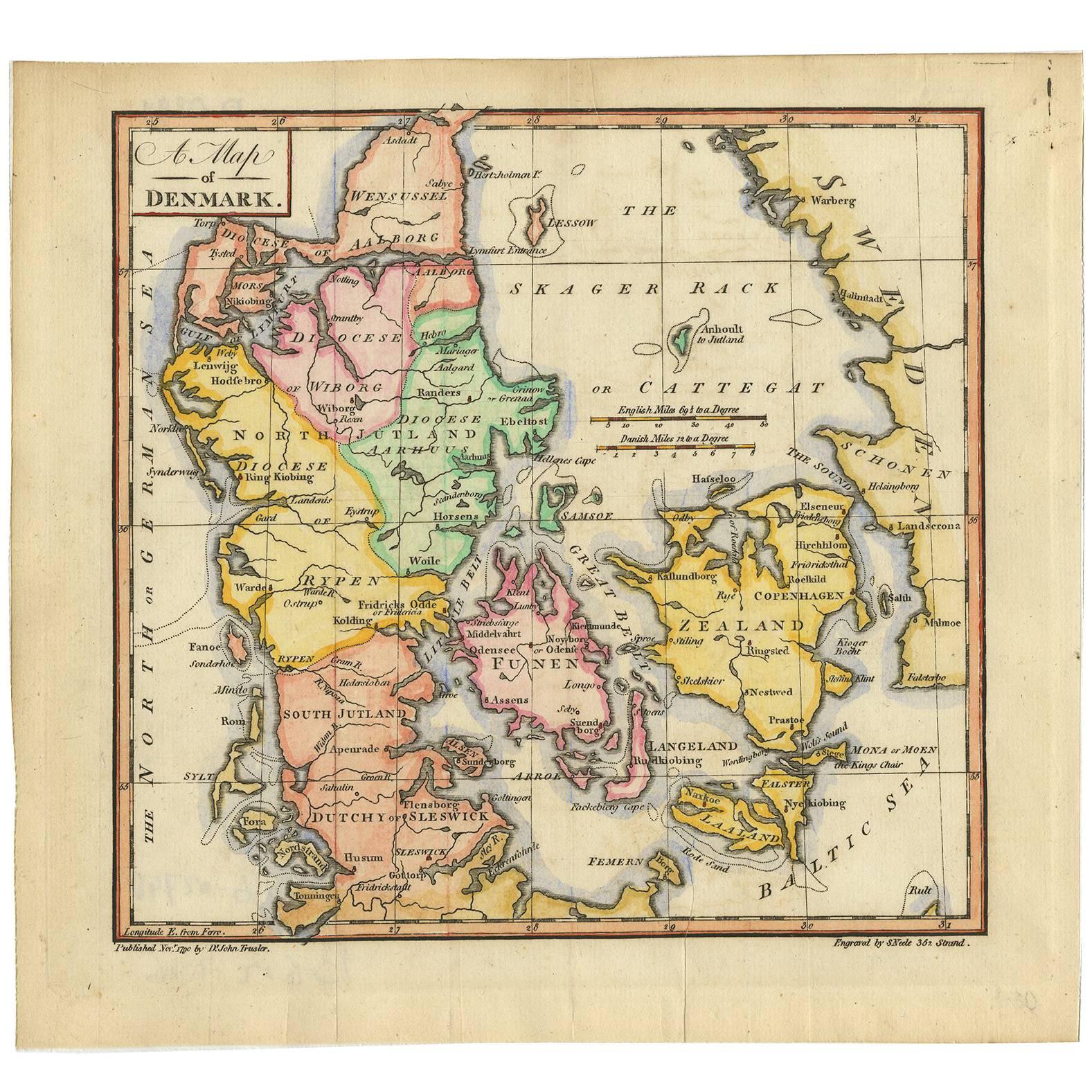 Original Hand-colored Antique Map of Denmark by S. Neele, 1790 For Sale