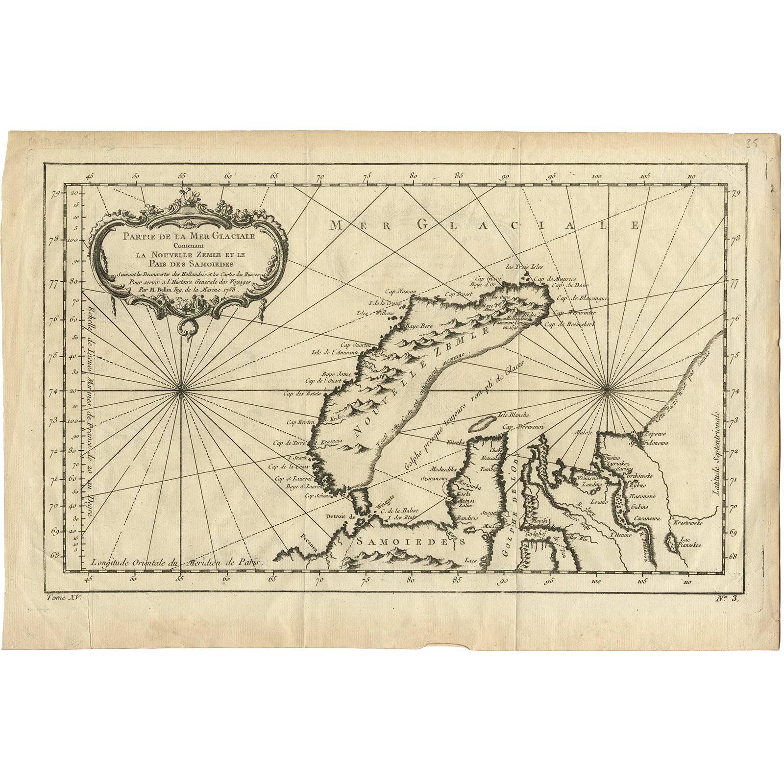 Antique Map of Nova Zembla ‘Russia’ by J.N. Bellin, 1758 For Sale