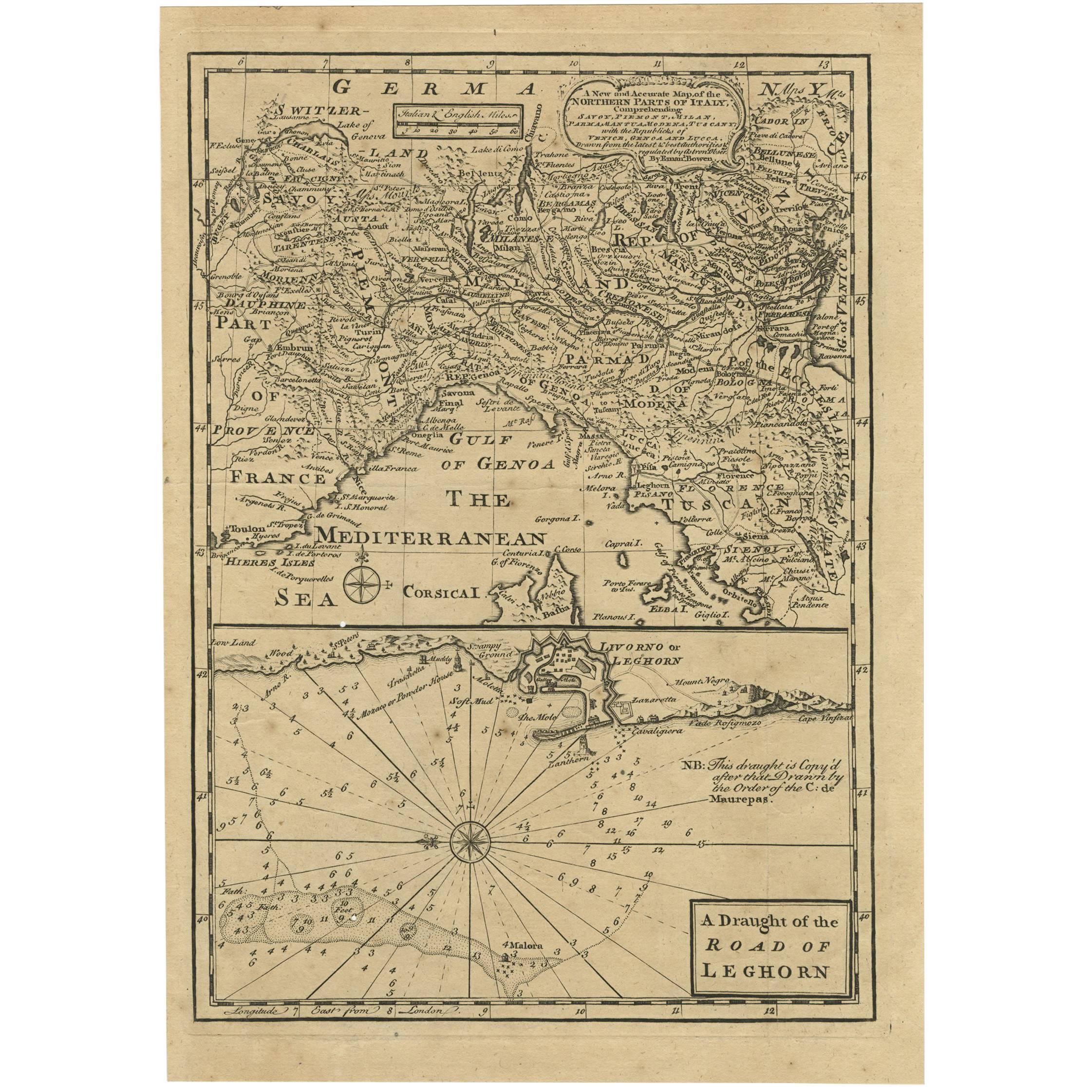 Antique Map of Northern Italy and Livorno by E. Bowen, 1747