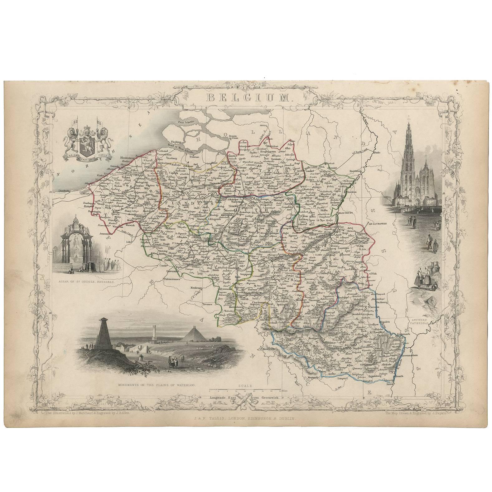 Antique Map of Belgium by J. Tallis, circa 1851 For Sale