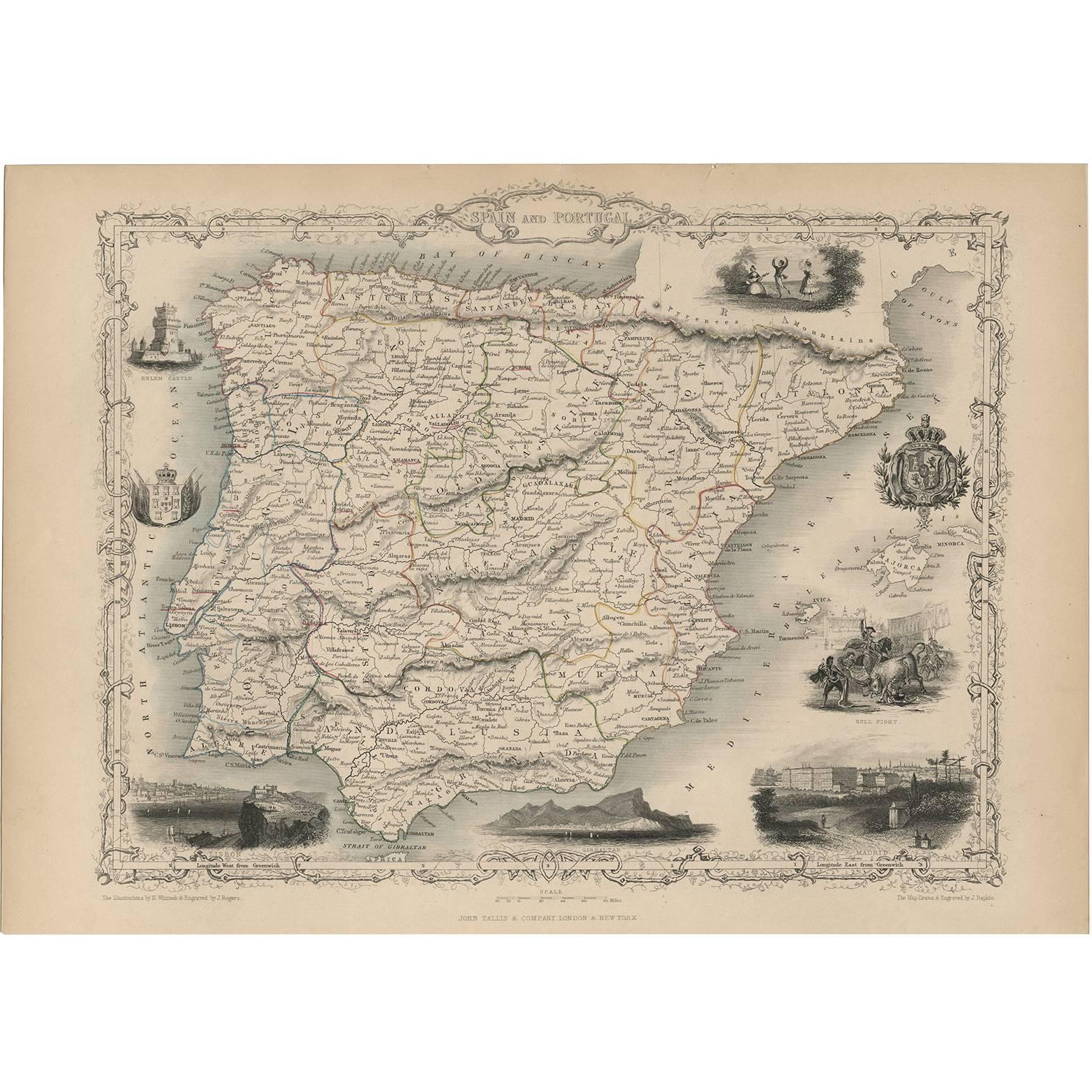 Antique Map of Spain and Portugal by J. Tallis, circa 1851