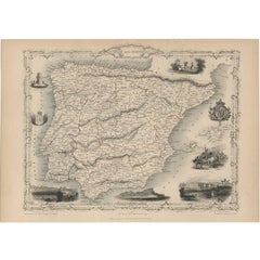 Antique Map of Spain and Portugal by J. Tallis, circa 1851