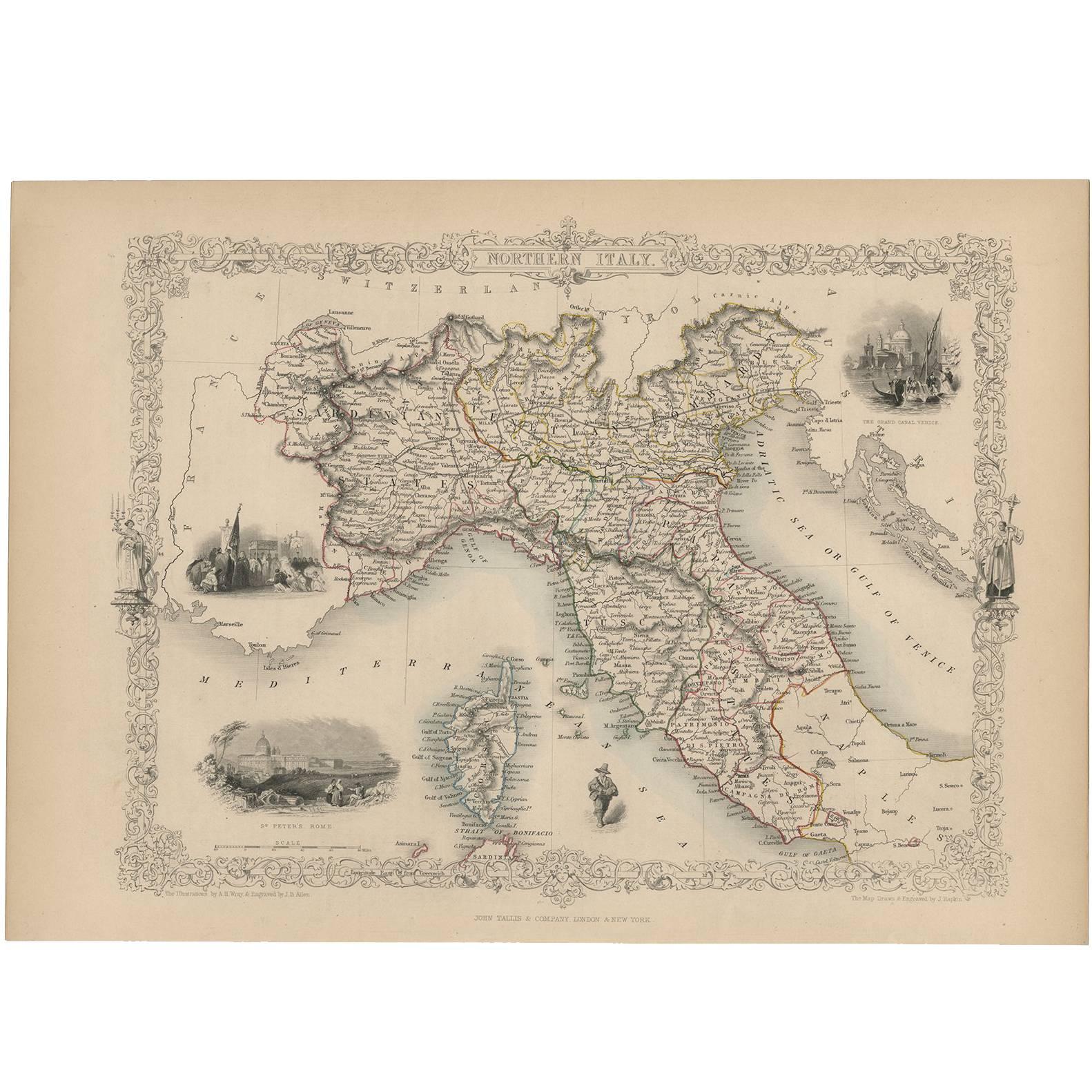 Carte ancienne de l'Italie du Nord par J. Tallis, vers 1851