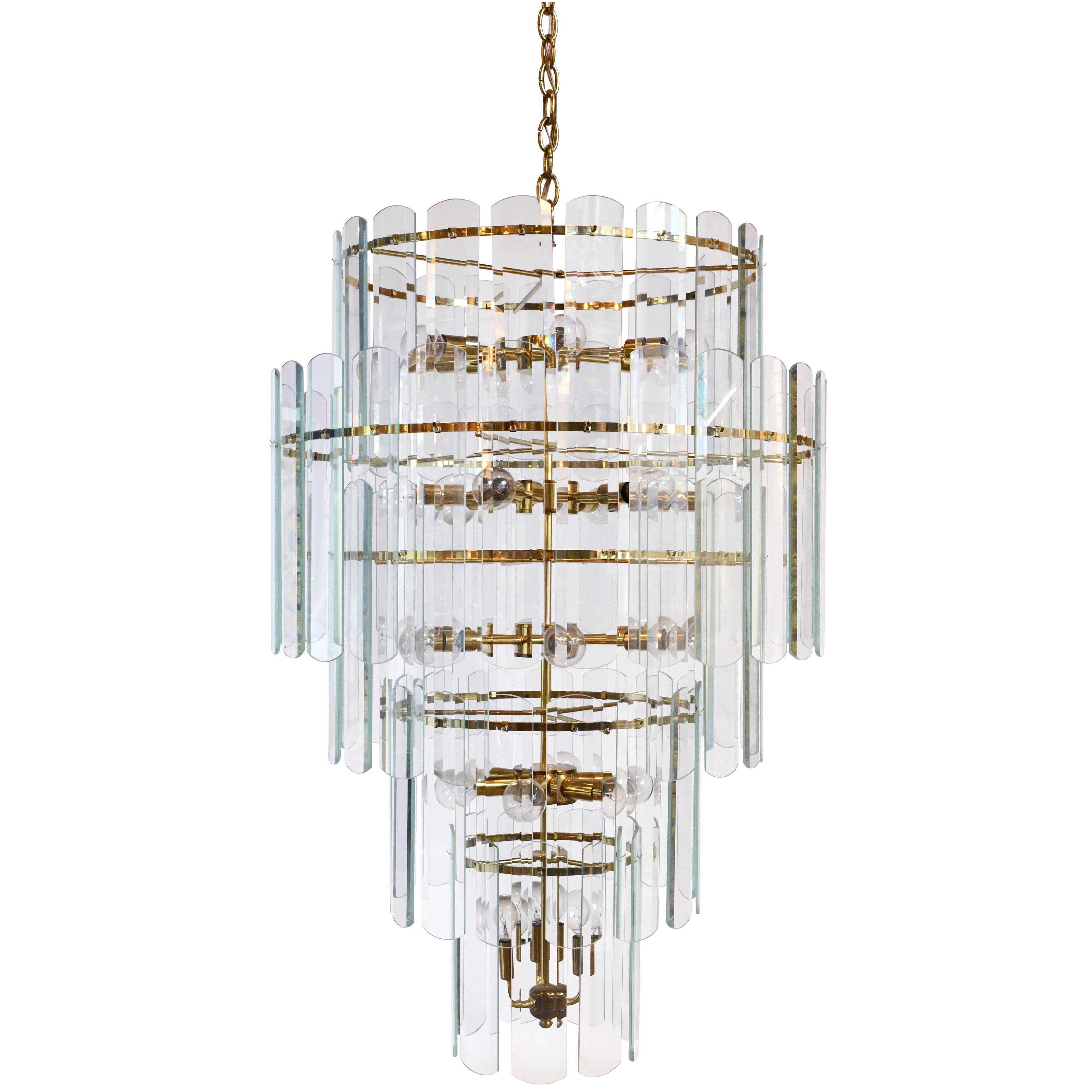 Tall 1970s Brass and Glass Chandelier