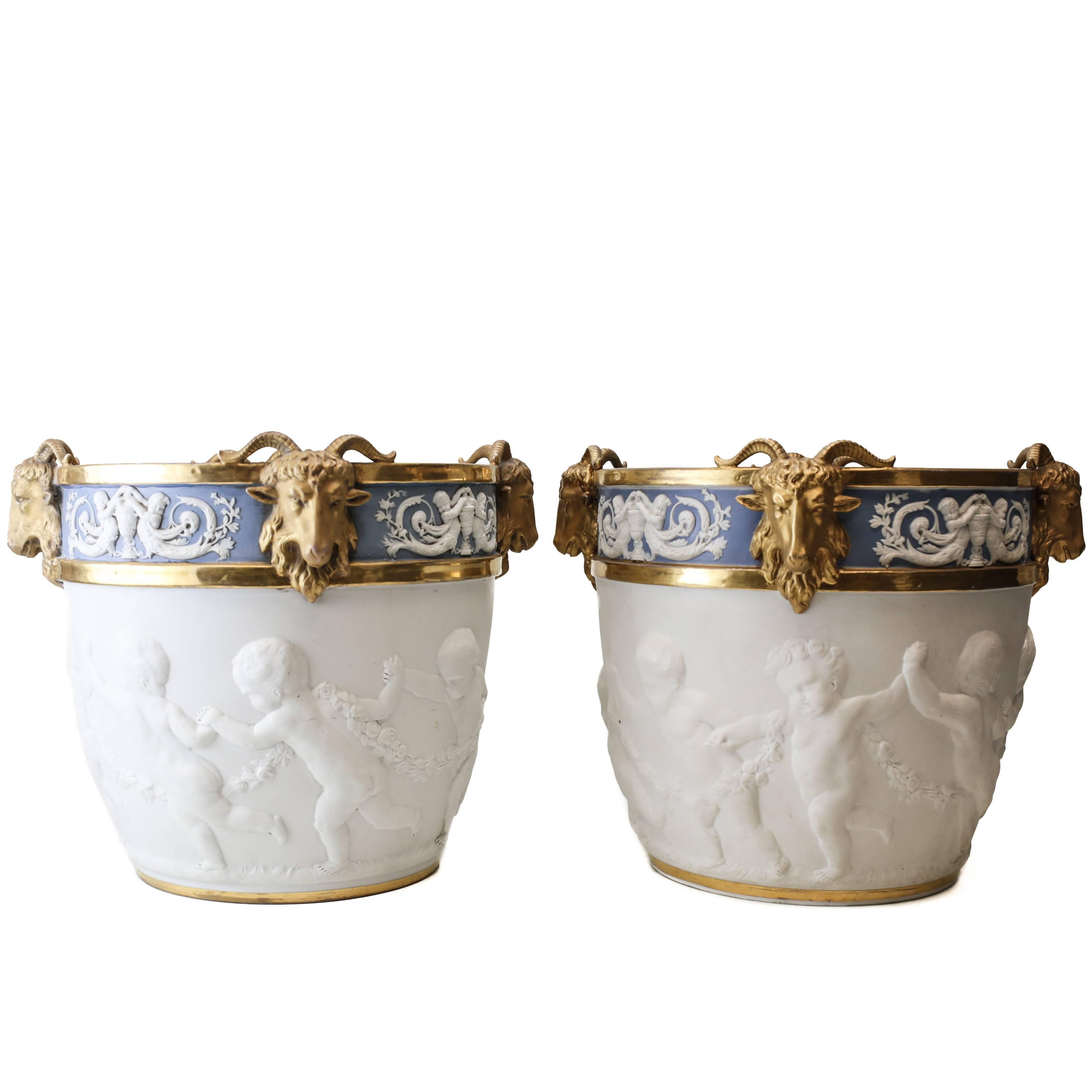 Large Pair of Sevres French Porcelain Cache Pots