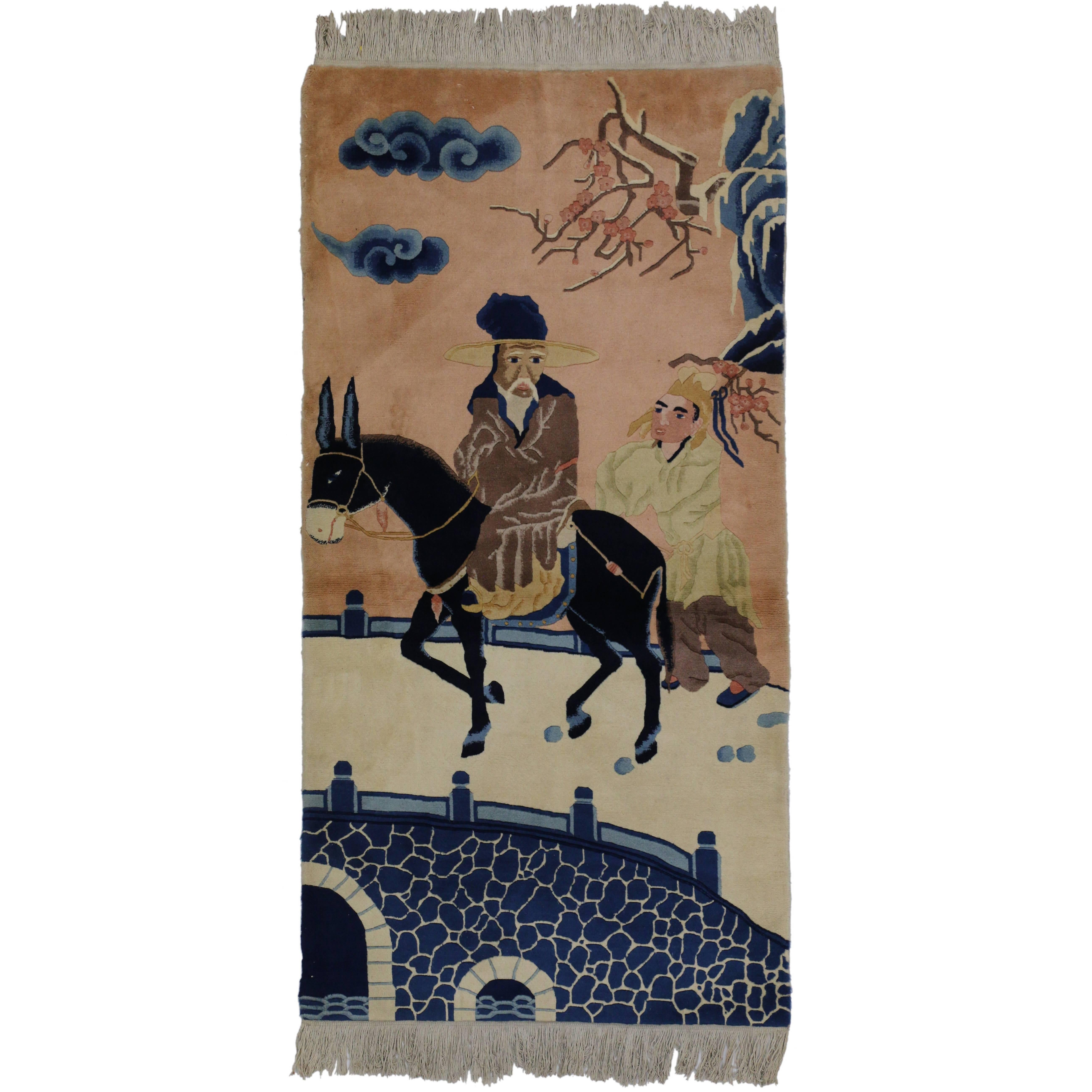Antique Chinese Art Deco Peking Rug with Horse, Maximalism Asian Modern Tapestry