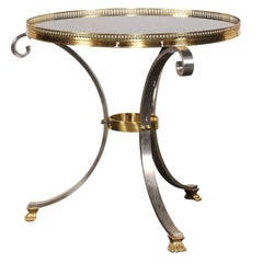 Round Steel Table with Black Glass Top in the Style of Jansen