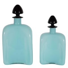 Carlo Moretti Murano Turquoise Milk Glass Decanters with Black Spade Tops