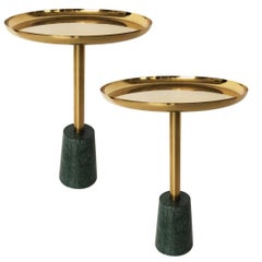 Pair of Minimalist Brass and Green Marble Petite Side Tables 