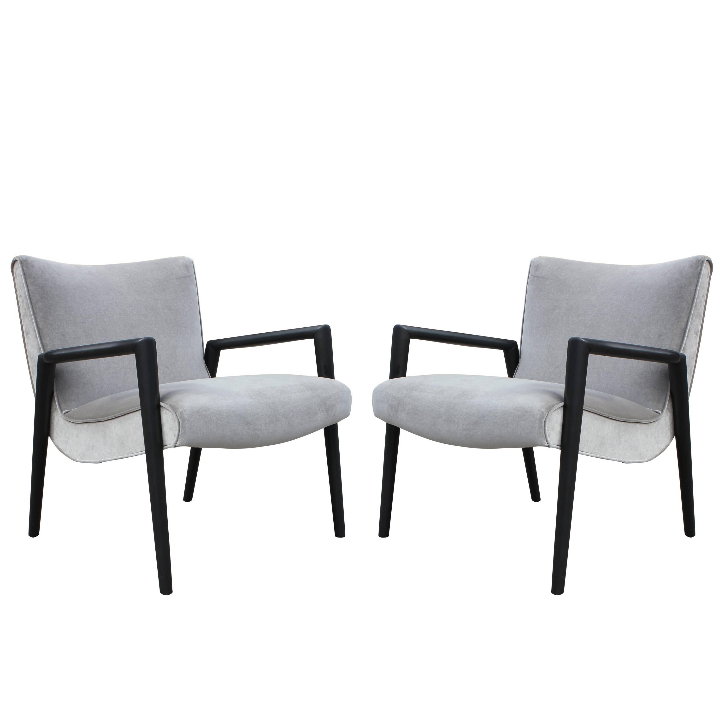 Pair of Modern Paul McCobb Style Silver Velvet and Charcoal Lounge Chairs
