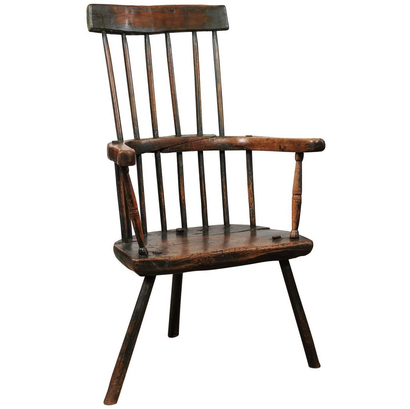 George III Windsor Chair in Ash with Green Painted Finish and Three Splayed Legs