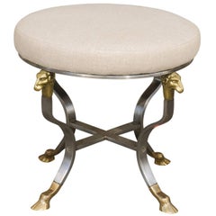 Italian 1950s Directoire Style Upholstered Steel and Brass Stool with Rams Heads