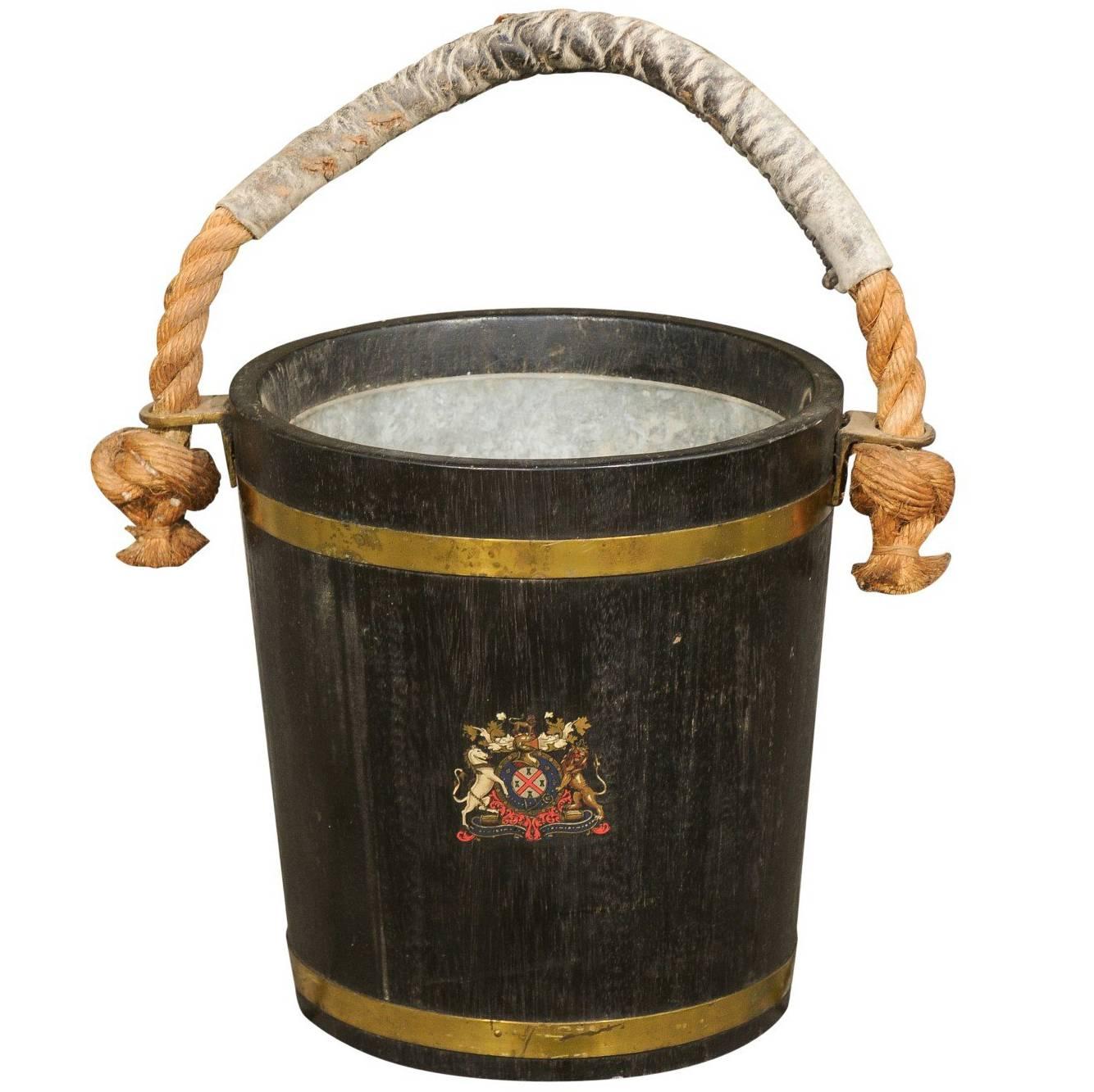 English Oak Champaign Bucket with Coat of Arms from the Late 19th Century