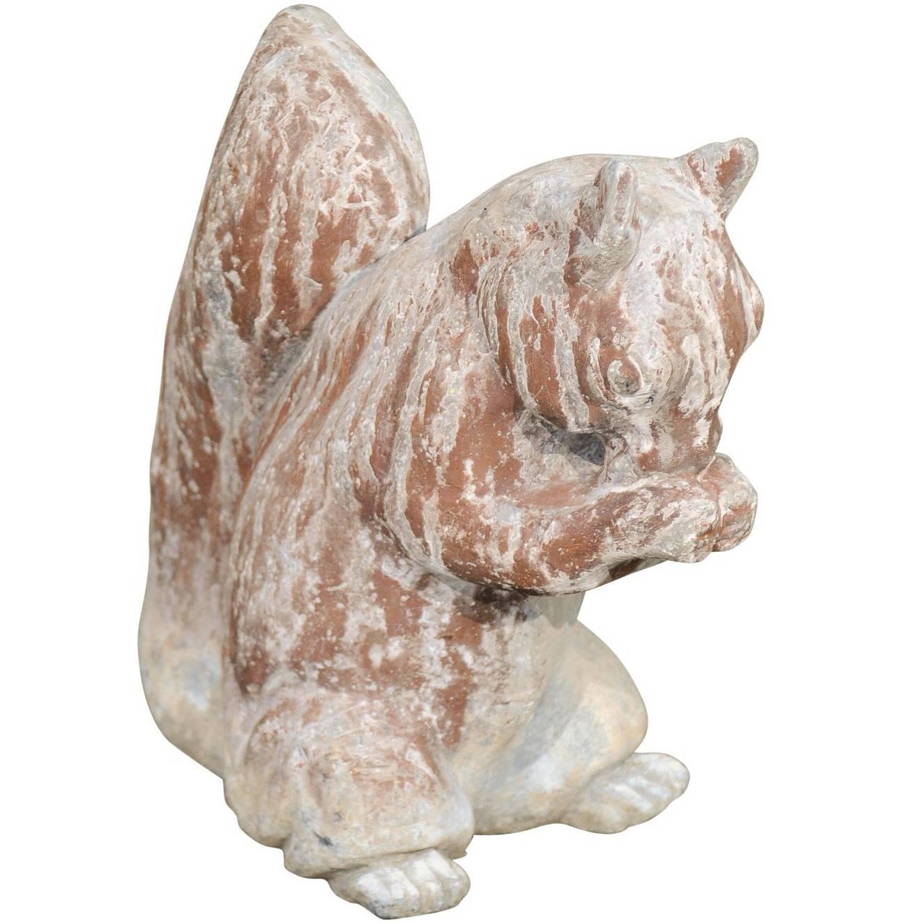 English 1930s Painted Lead Animal Sculpture Depicting a Squirrel Eating a Nut For Sale