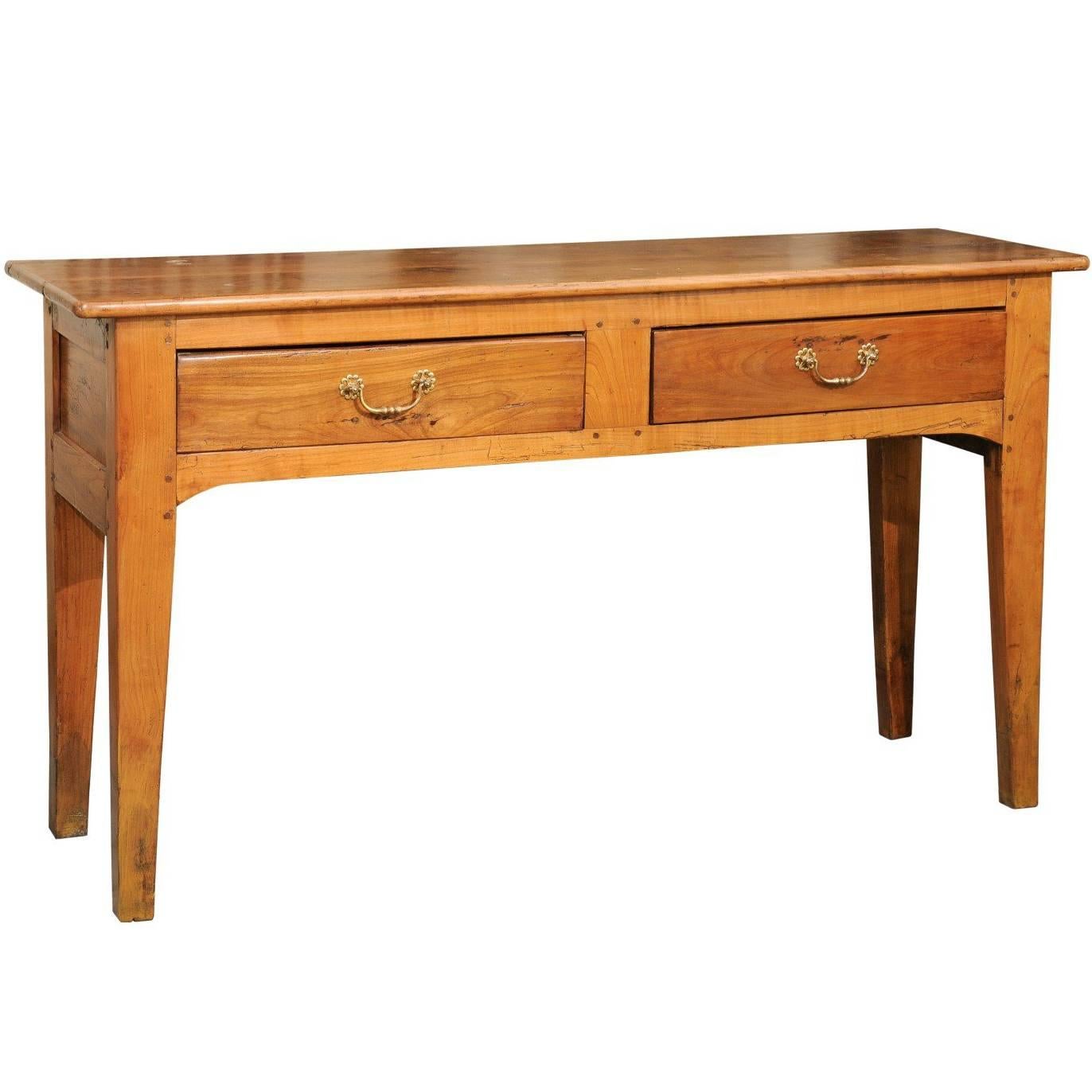 Late 19th Century French Fruitwood Server with Two Drawers and Tapered Legs For Sale