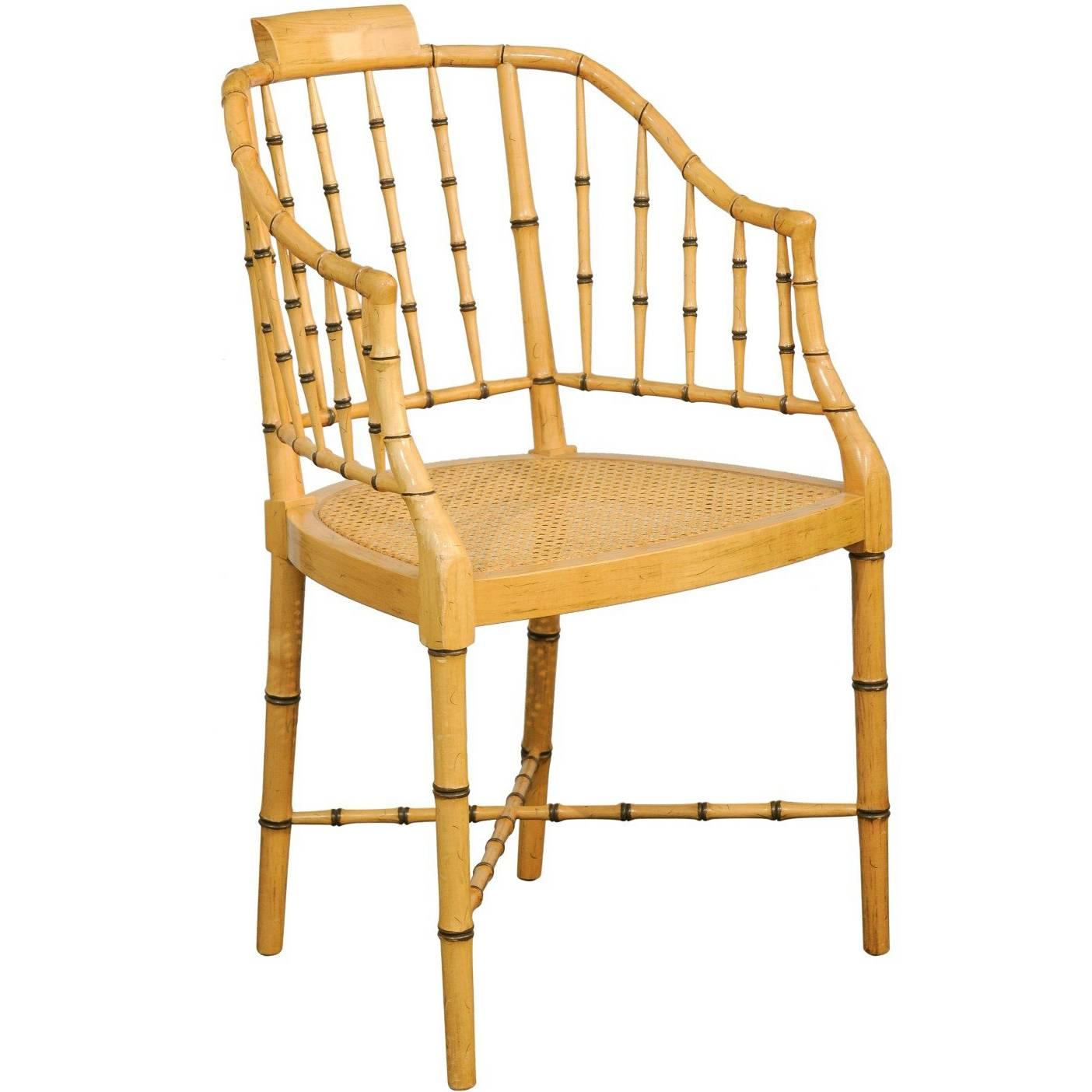 Baker Furniture Vintage Faux Bamboo Tub Chair with Cane Seat and Cross Stretcher