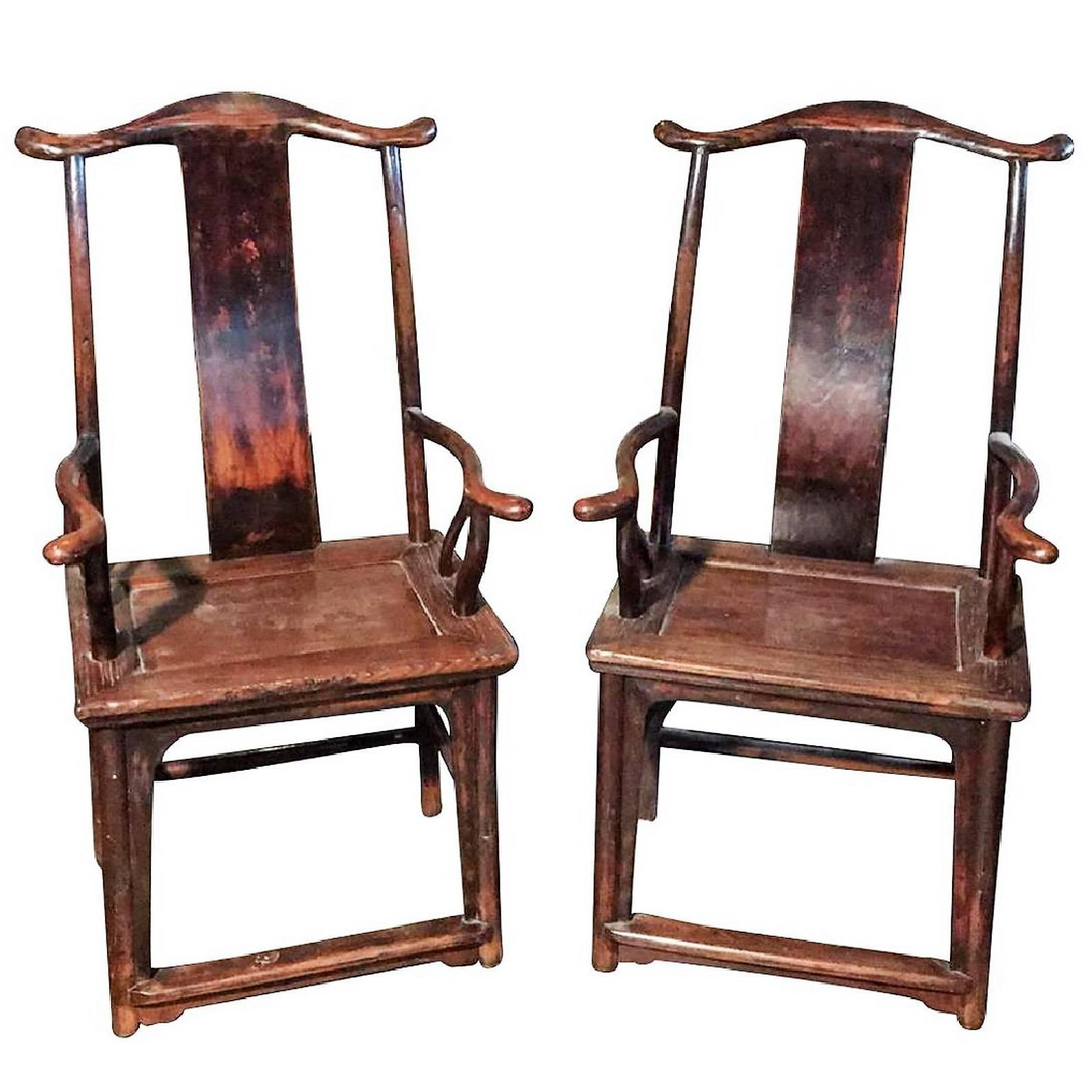 Antique Pair of Chinese Qing Dynasty Style Elmwood Open Armchairs, circa 1860