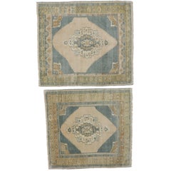 Matching Pair of Vintage Turkish Oushak Rugs, Small Square Accent Rugs