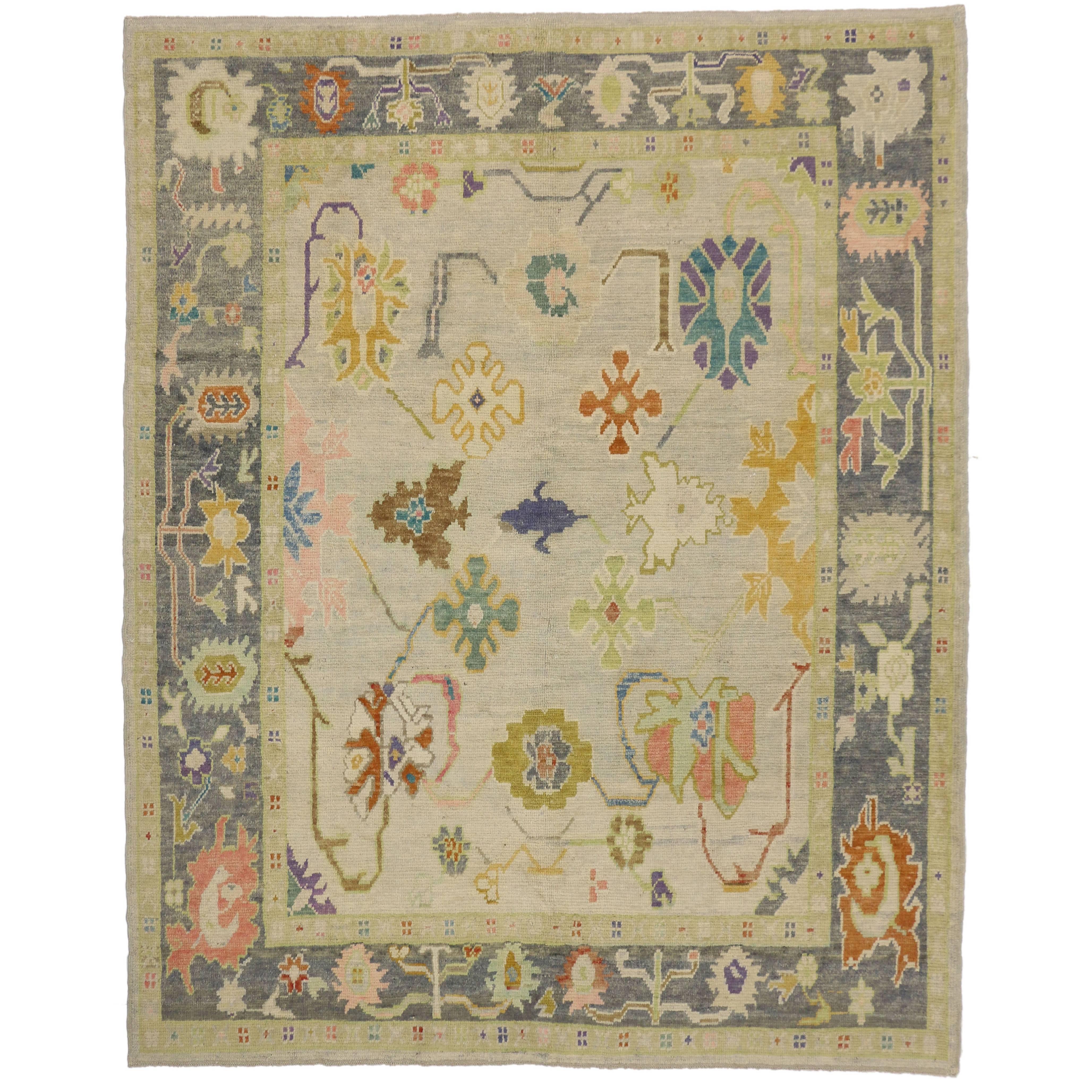 Contemporary Turkish Oushak Rug in Pastel Colors with Tribal Boho Chic Style