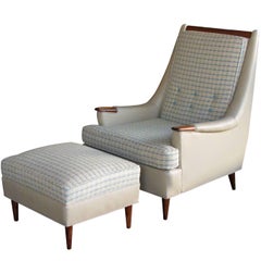 Stylish American Leather & Tweed Lounge Chair and Matching Ottoman, 1960s