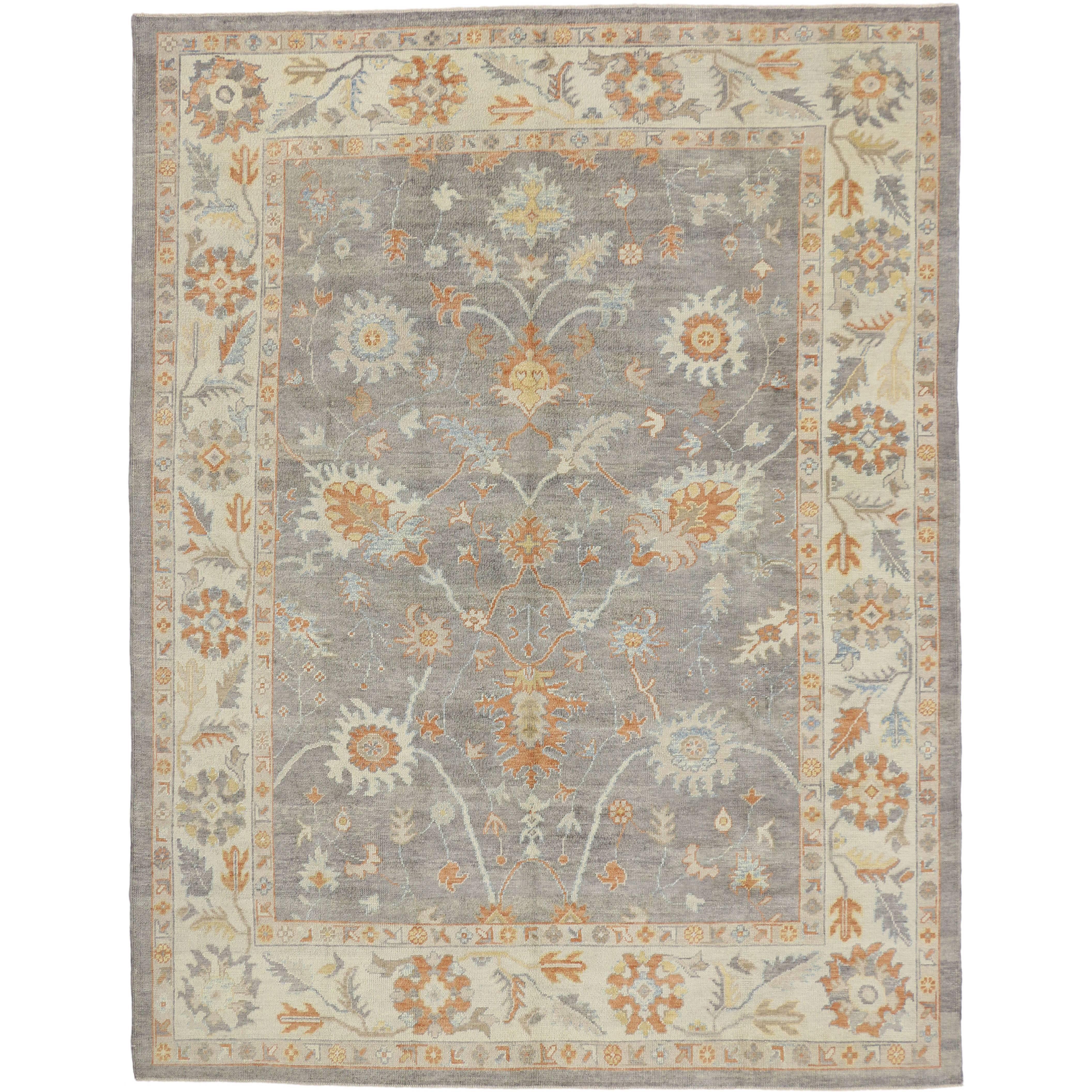 Contemporary Turkish Oushak Rug with Neutral Colors and Transitional Style