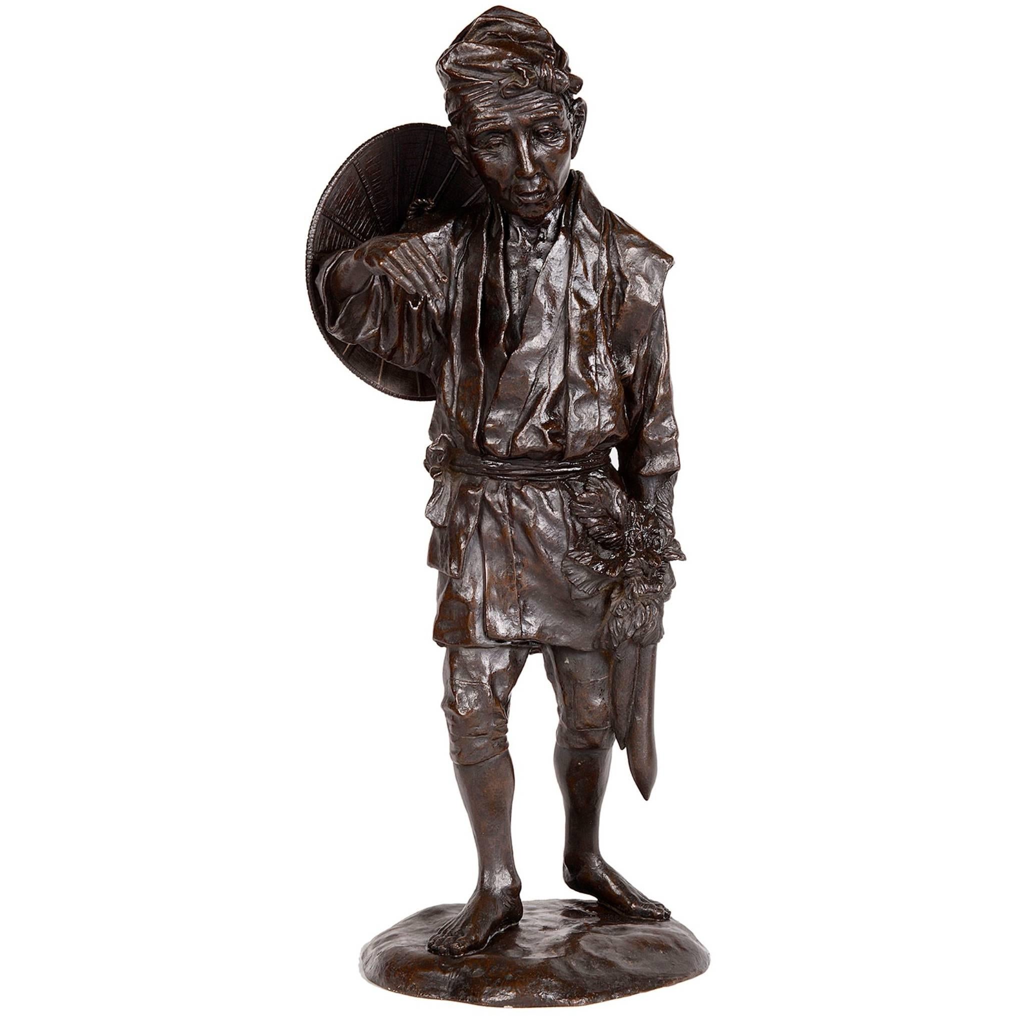 Meiji Period Japanese Bronze Figure of a Farmer For Sale