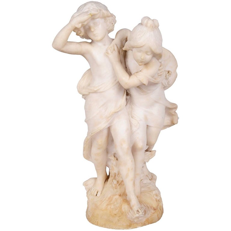 Large Marble Nude Mother and Children Statue by C. A 