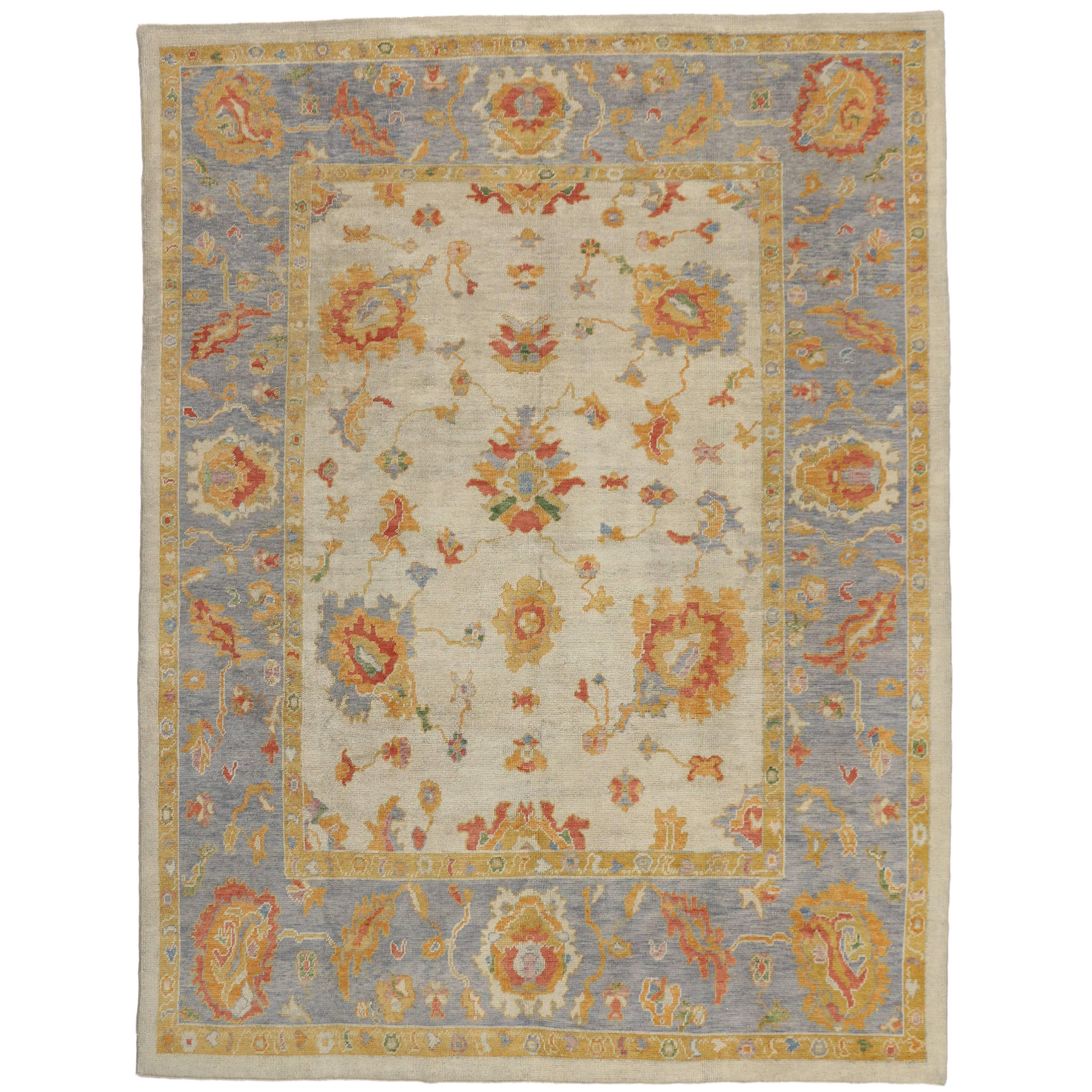 Contemporary Turkish Oushak Rug in Pastel Colors with Tribal Boho Chic Style