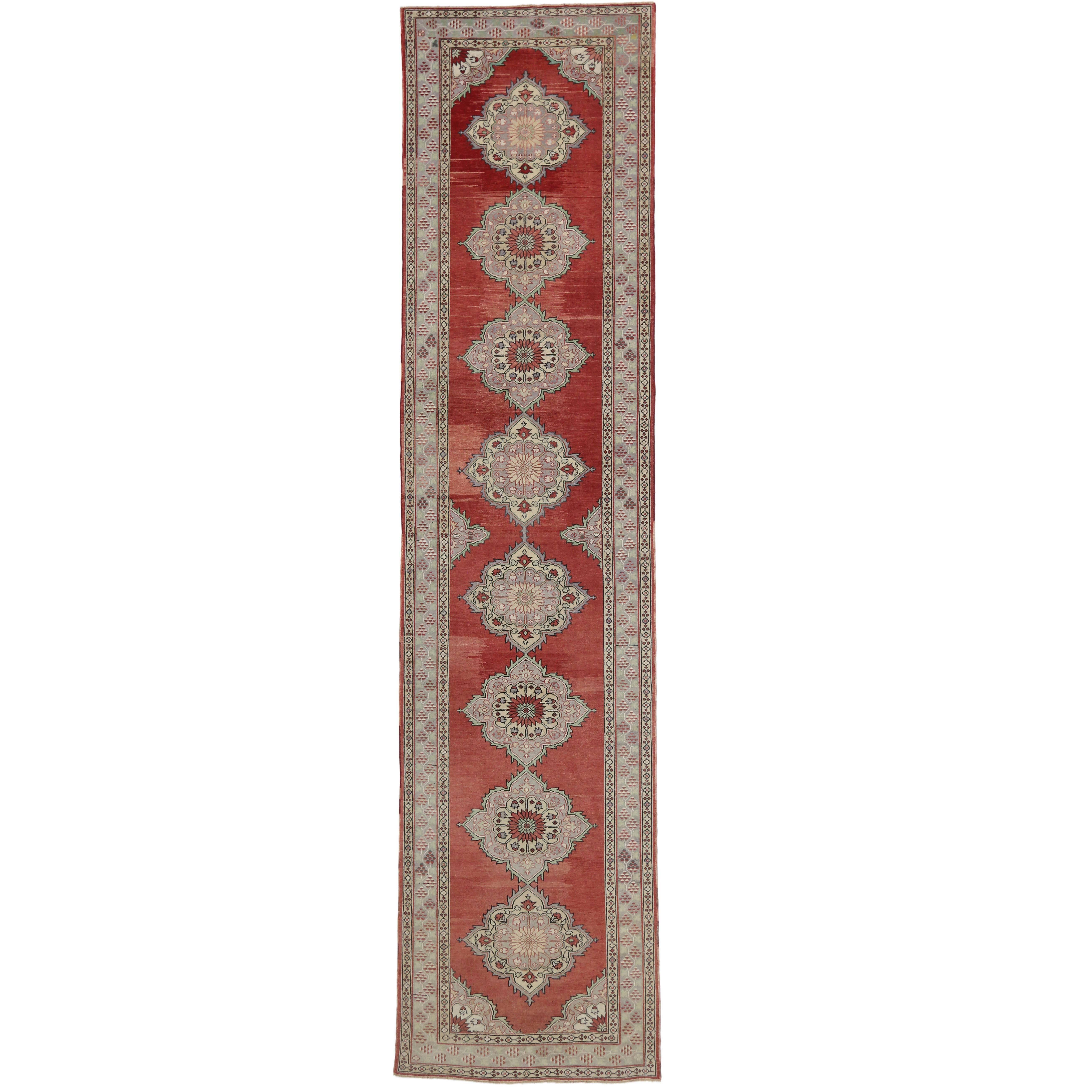 Vintage Turkish Oushak Extra-Long Runner with Modern Tudor Style For Sale
