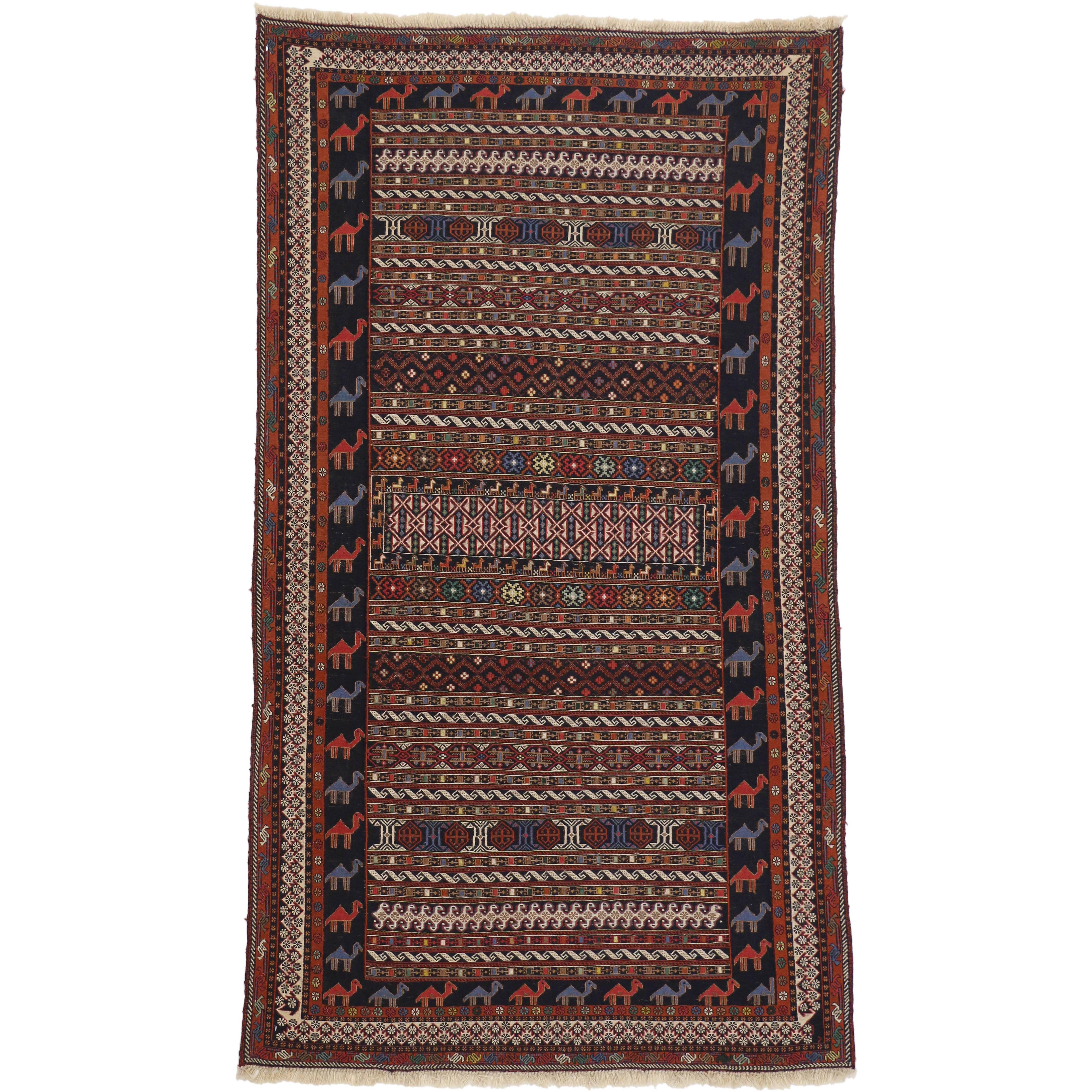 Vintage Soumak Persian Rug with Tribal Style For Sale