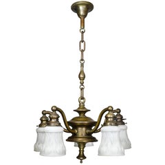 Antique Five-Arm Brass Chandelier with Shades