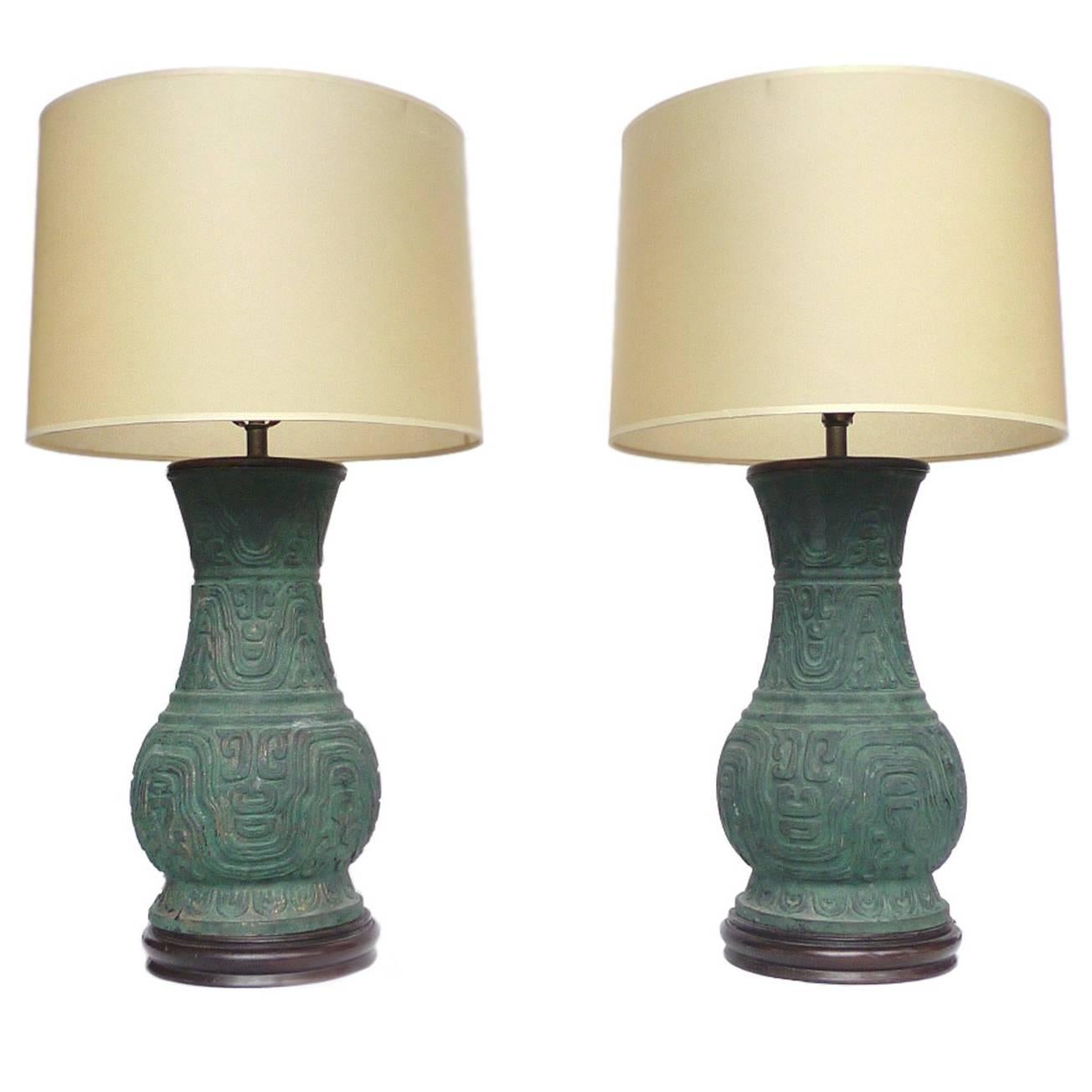 20th Century Chinese Green Bronze Table Lamps, Pair