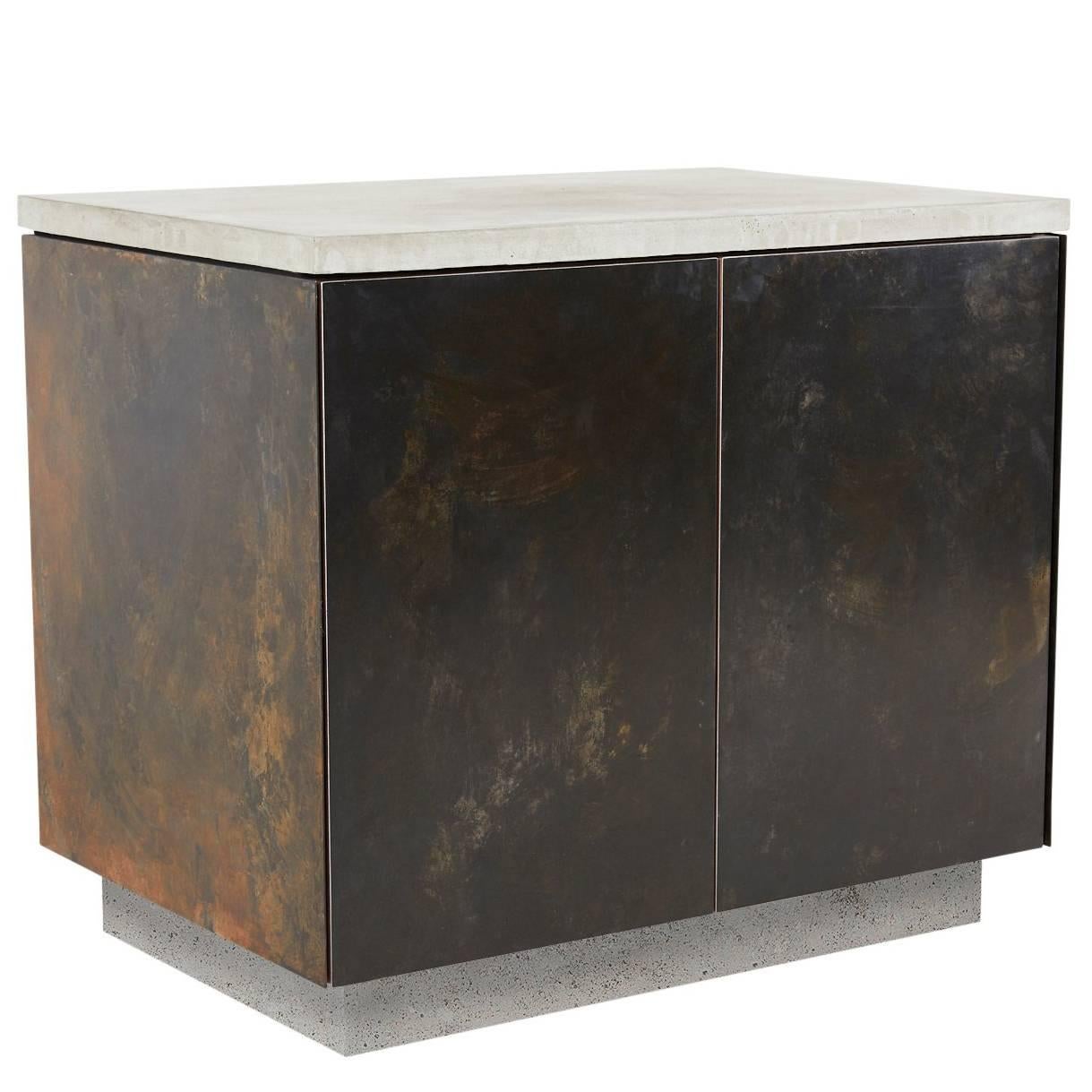 Patinated Steel, Cast-Concrete and Walnut "S.O. Side Table" with Doors