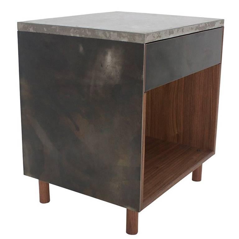 Patinated Steel, Cast-Concrete and Walnut "SCW Side Table" with Drawer