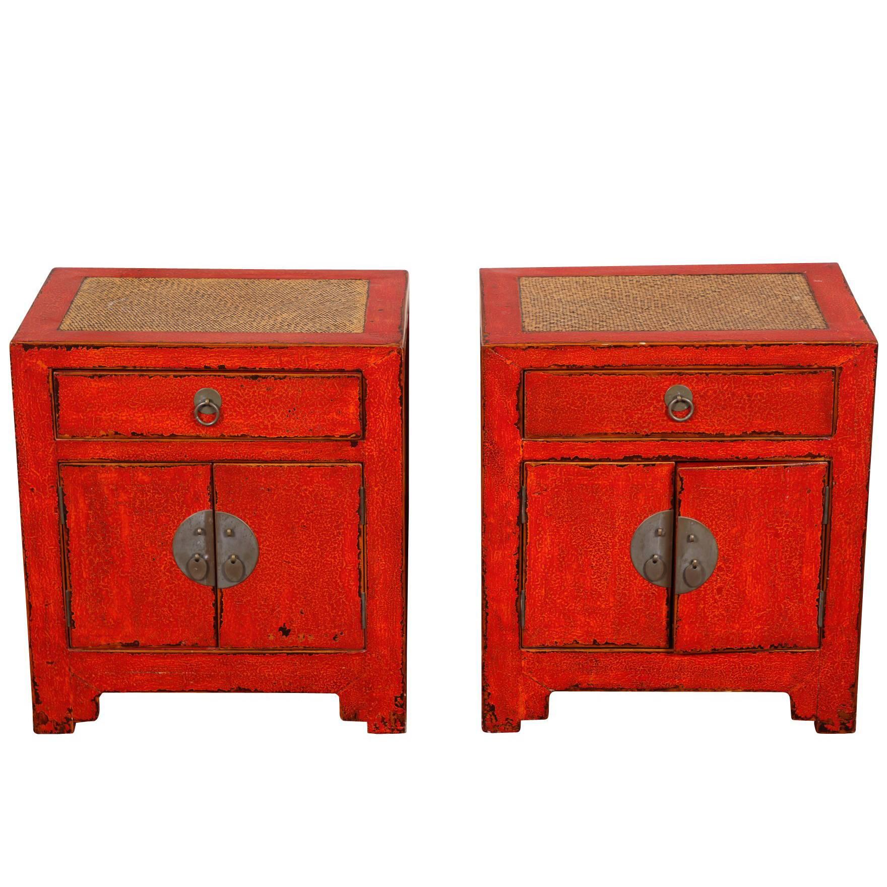 Pair of Oriental Red Lacquered Cabinets