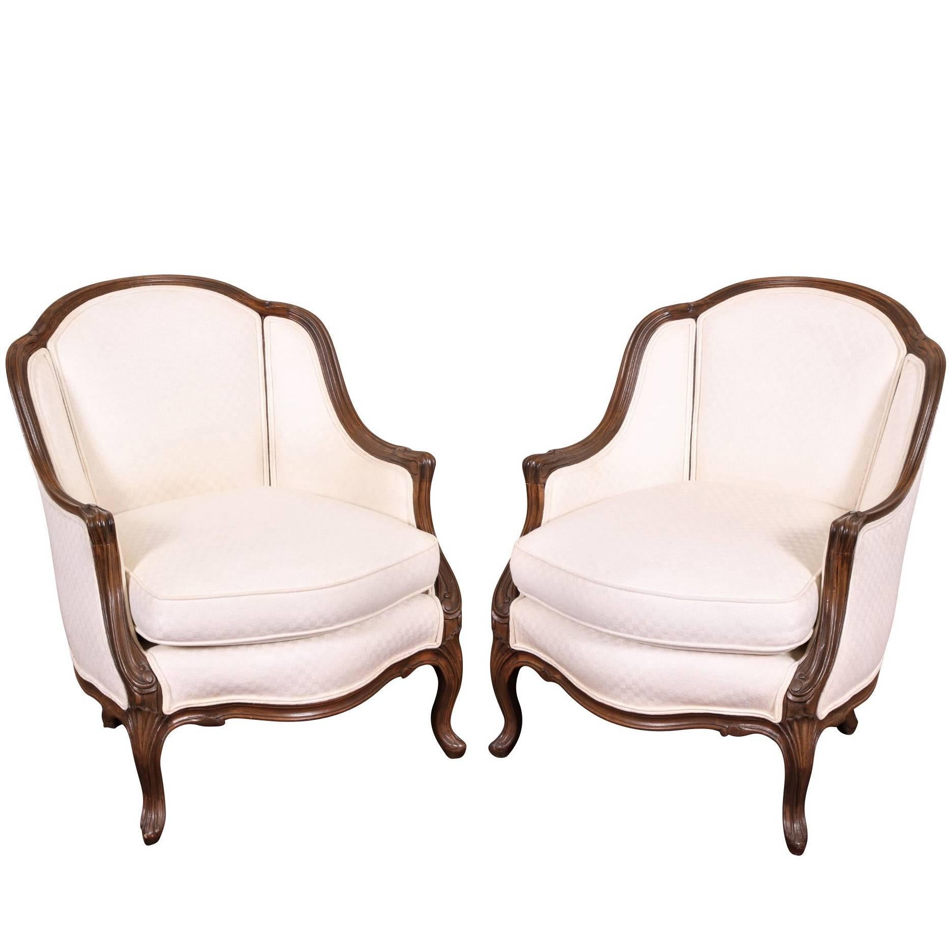 Pair of Petite Bergeres in White Upholstery