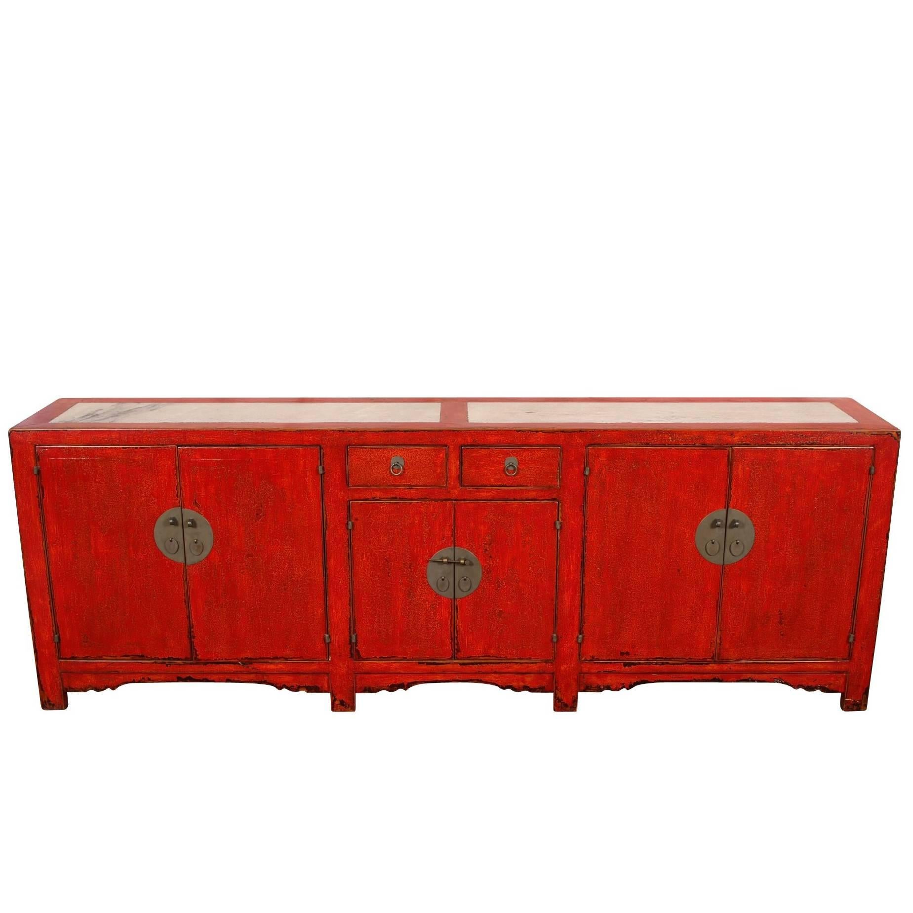Red Lacquered Marble-Top Chinese Storage Cabinet