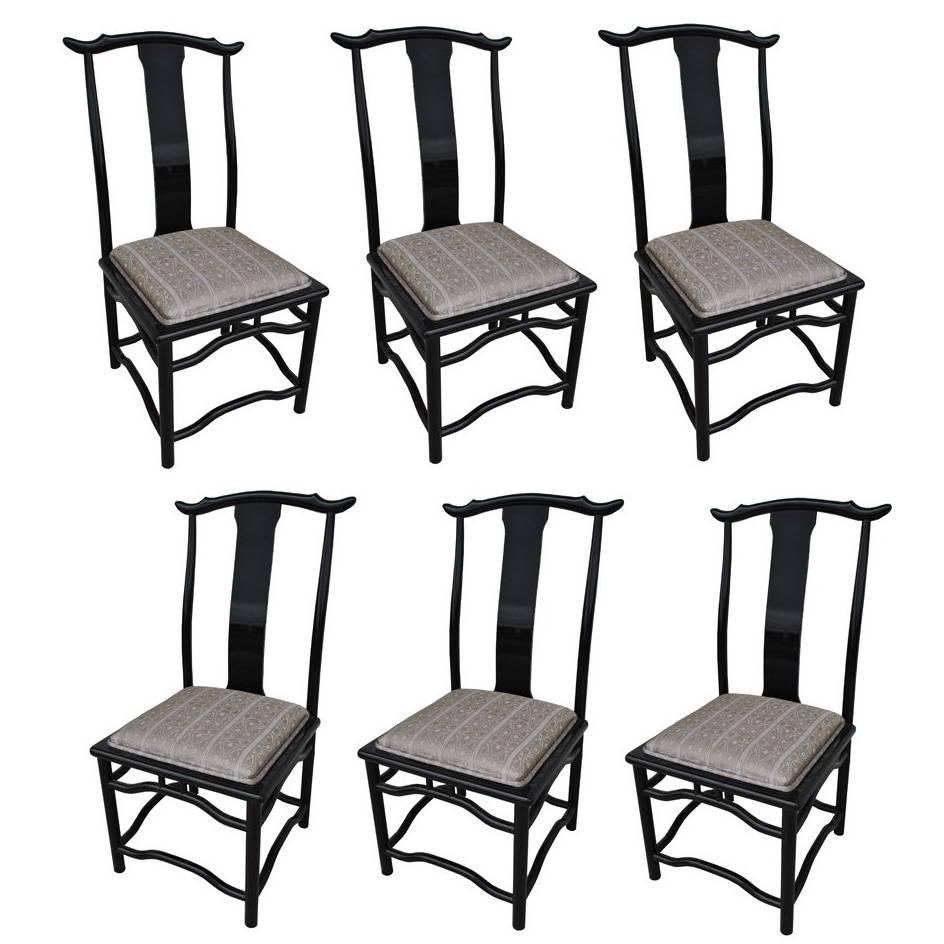 Eight Italian Black Lacquer Chin Hua Dining Chairs