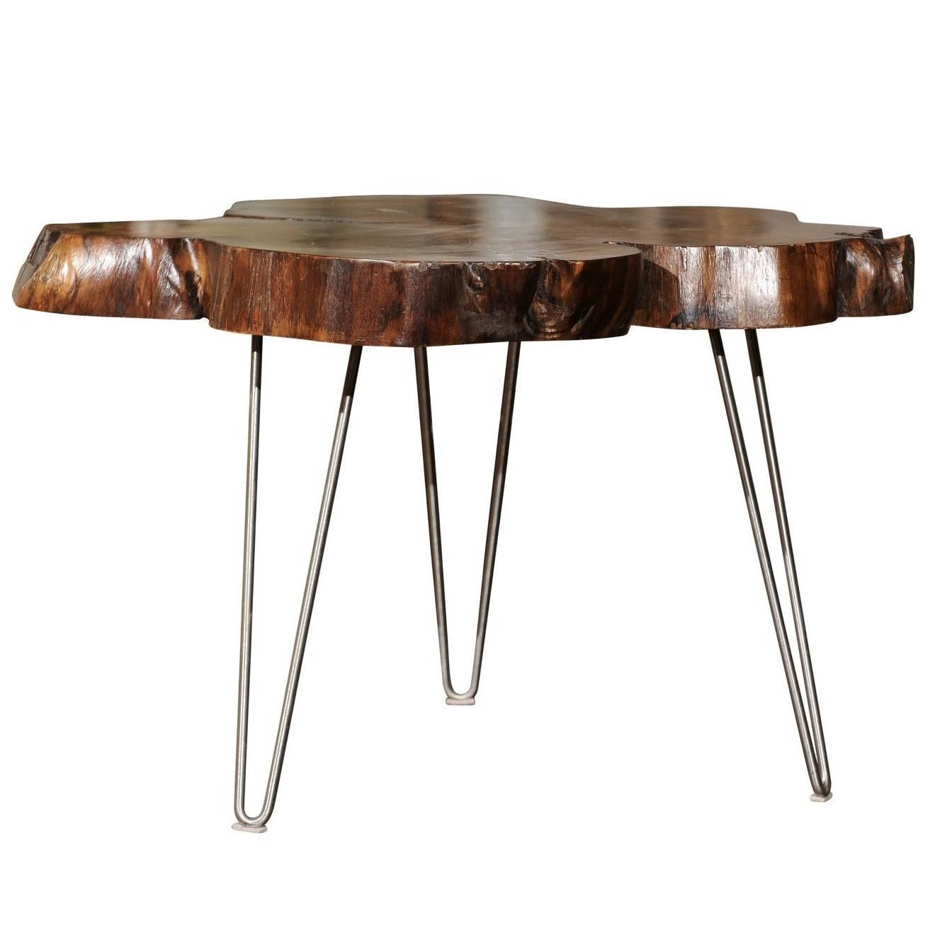 American Custom Magnolia Slab Cocktail Table with Three Metal Hairpin Legs For Sale