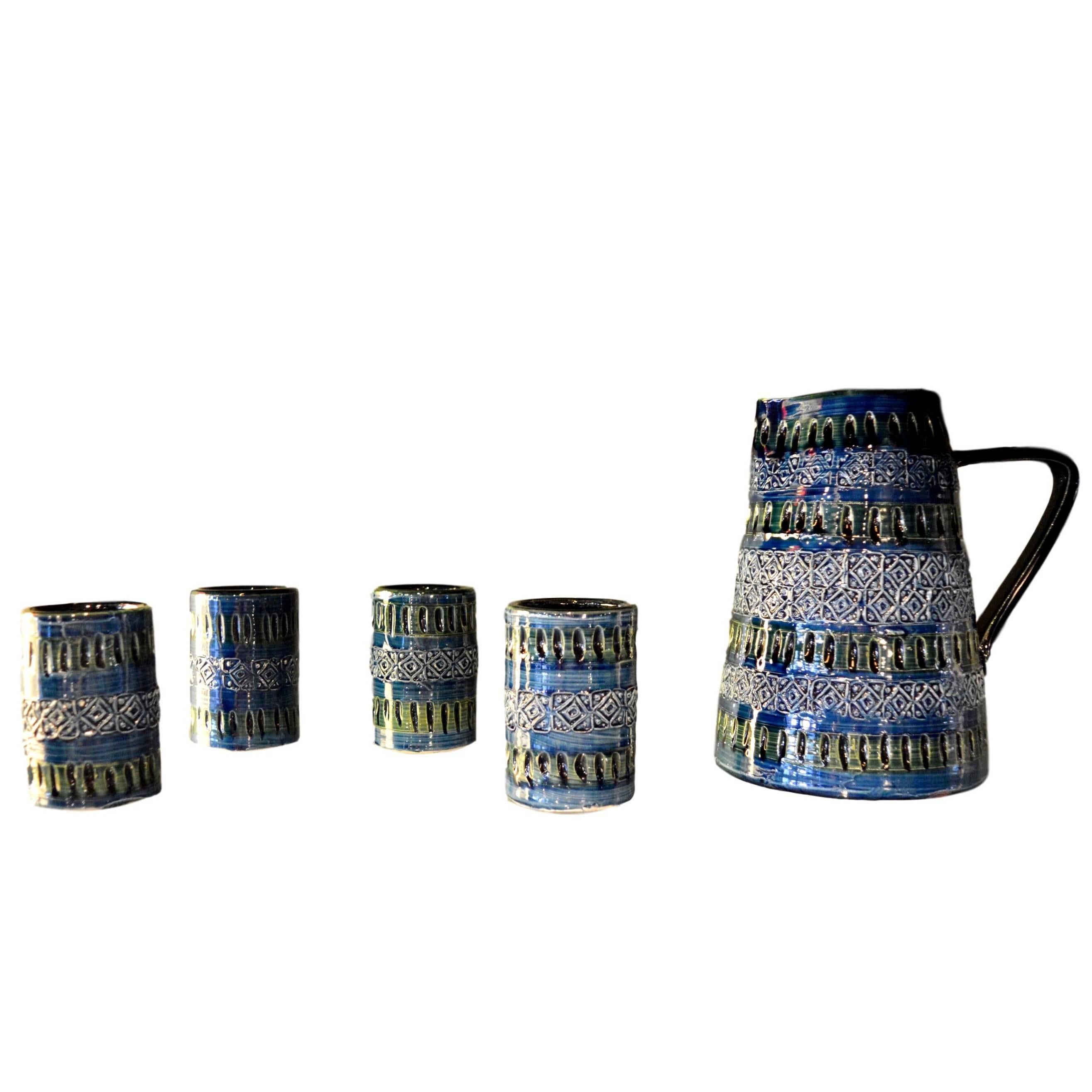 Italian Ceramic Pitcher and Four Tumblers by Bitossi For Sale
