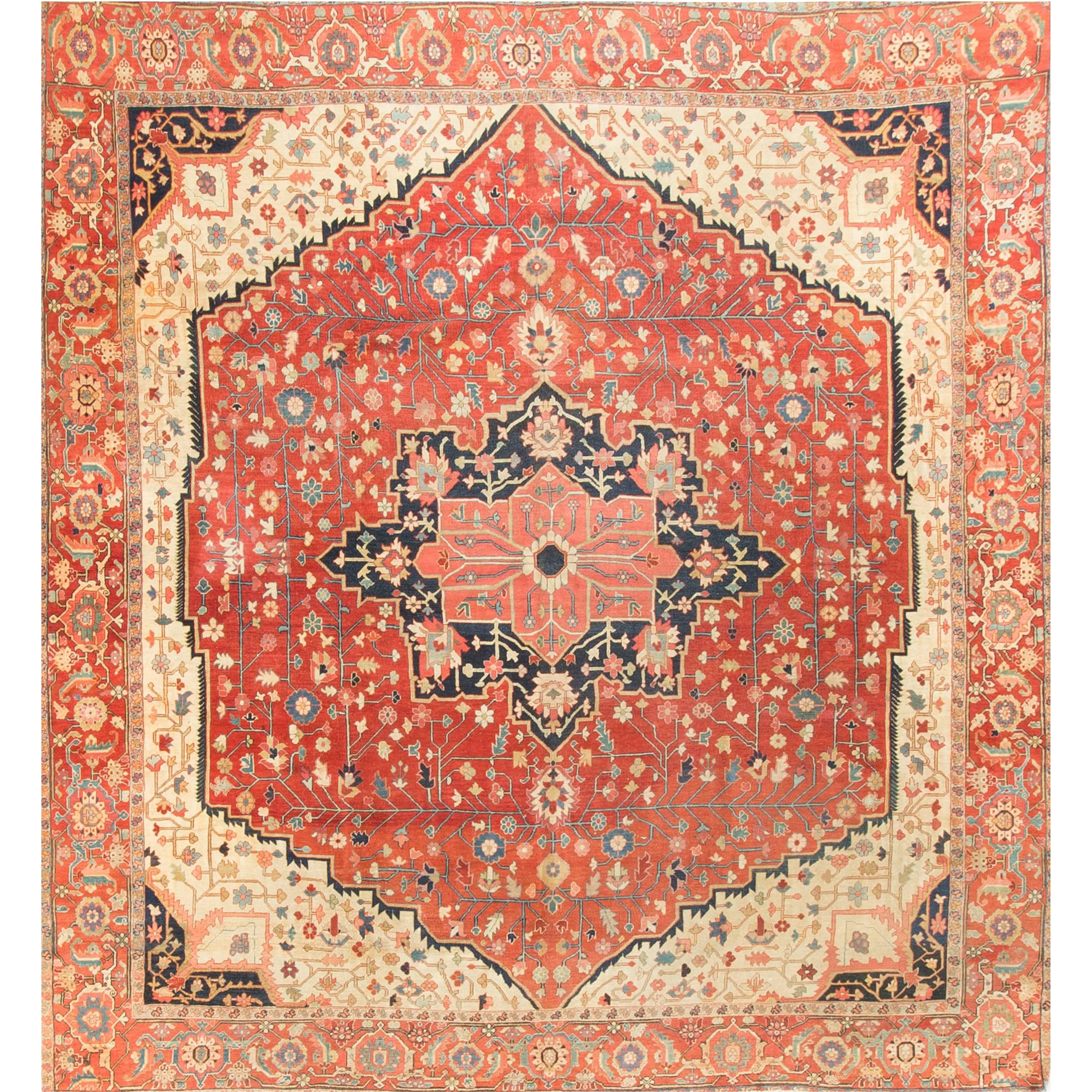 Square Antique Persian Heriz Serapi, circa 1890 10'2 x 11' For Sale