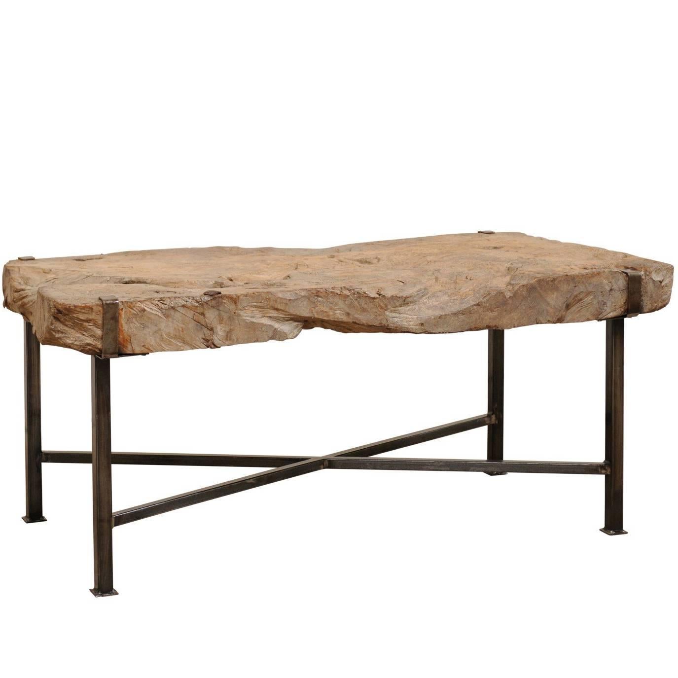 Spanish 19th Century Rustic Wood Slab Coffee Table with Custom Black Iron Base