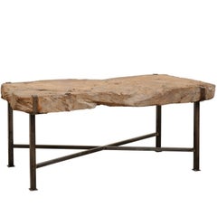 Spanish 19th Century Rustic Wood Slab Coffee Table with Custom Black Iron Base
