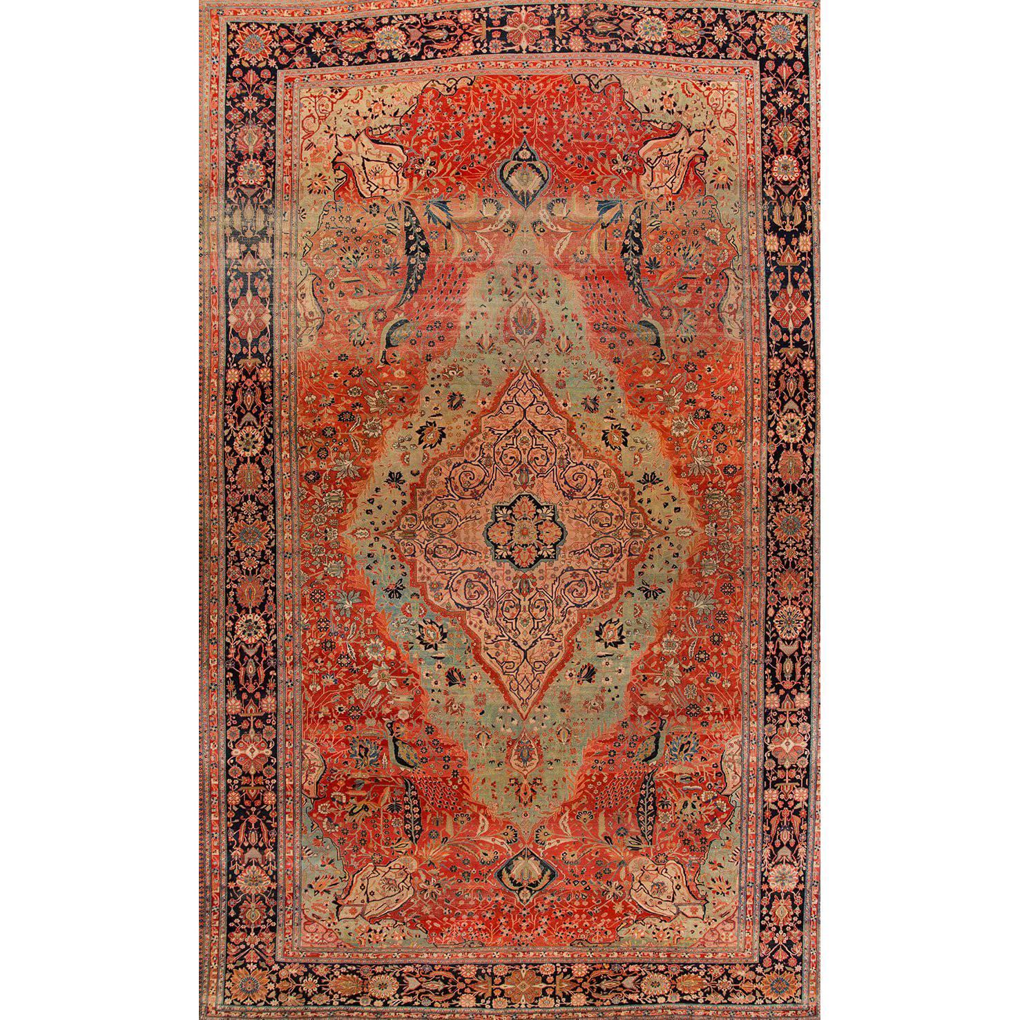 Early 19th  Century Rust / Teal Persian Kashan Carpet