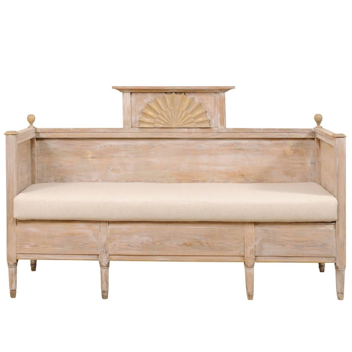 Early 19th C. Swedish Wooden Sofa Bench w/ Fan-Carved Pediment & Finial Accents