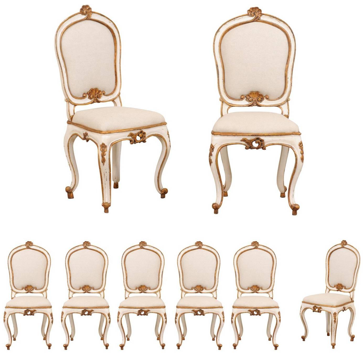 Set of Eight Italian Carved Wood Side Chairs with Stunning Deep Gold Trim