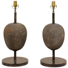 Pair of Vintage European Egg-Shaped Stone and Iron Table Lamps